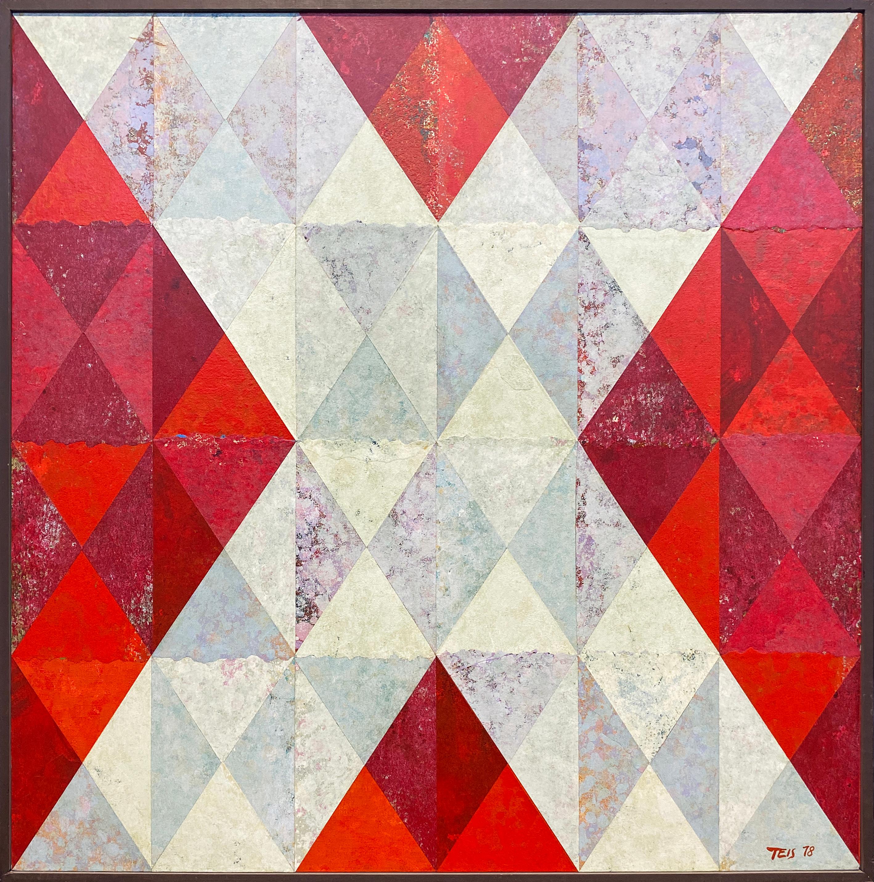 Weißes X auf Rot, geometrisch abstrakt (Abstrakt), Painting, von Dan Teis