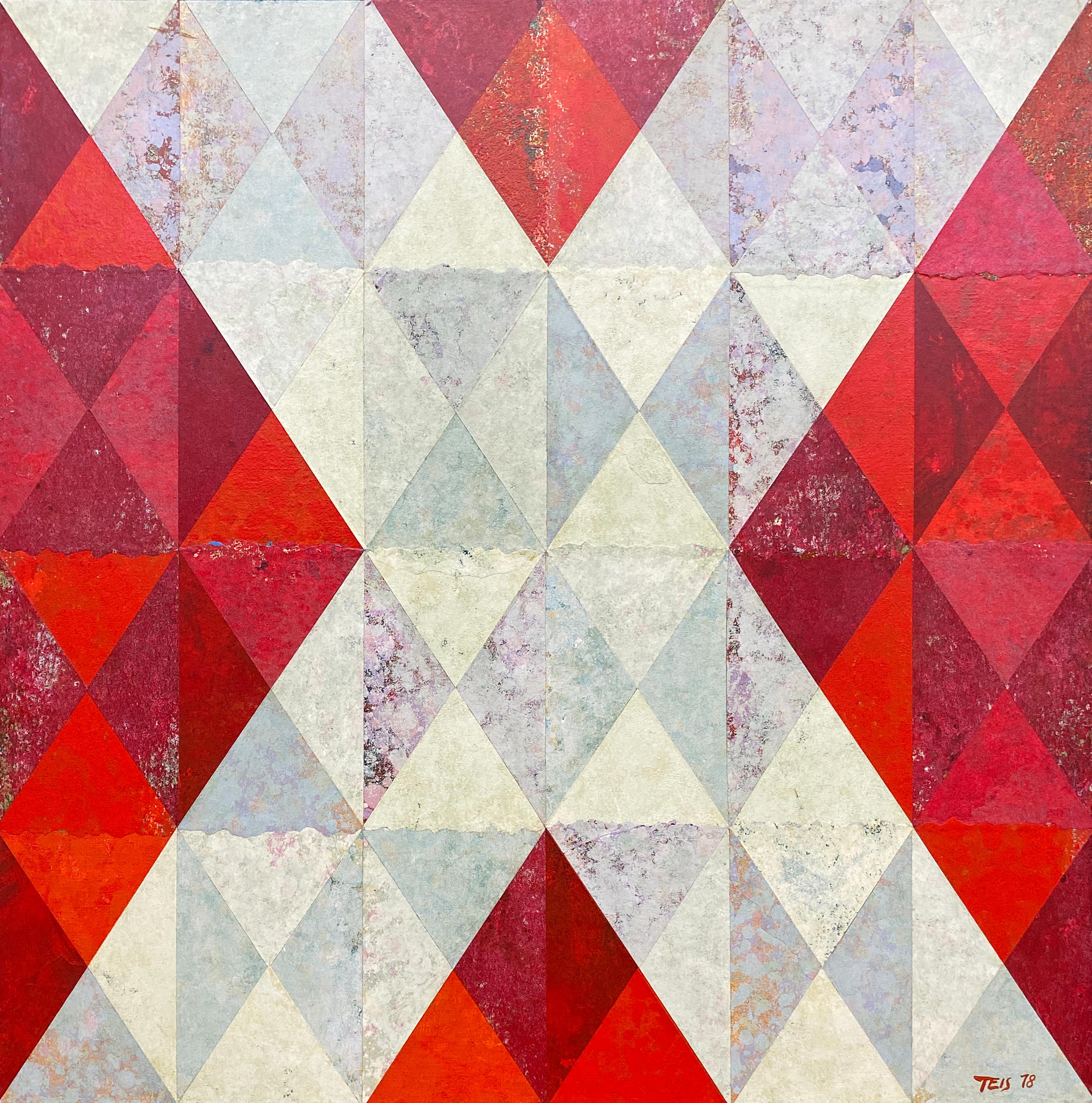 Dan Teis Abstract Painting – Weißes X auf Rot, geometrisch abstrakt