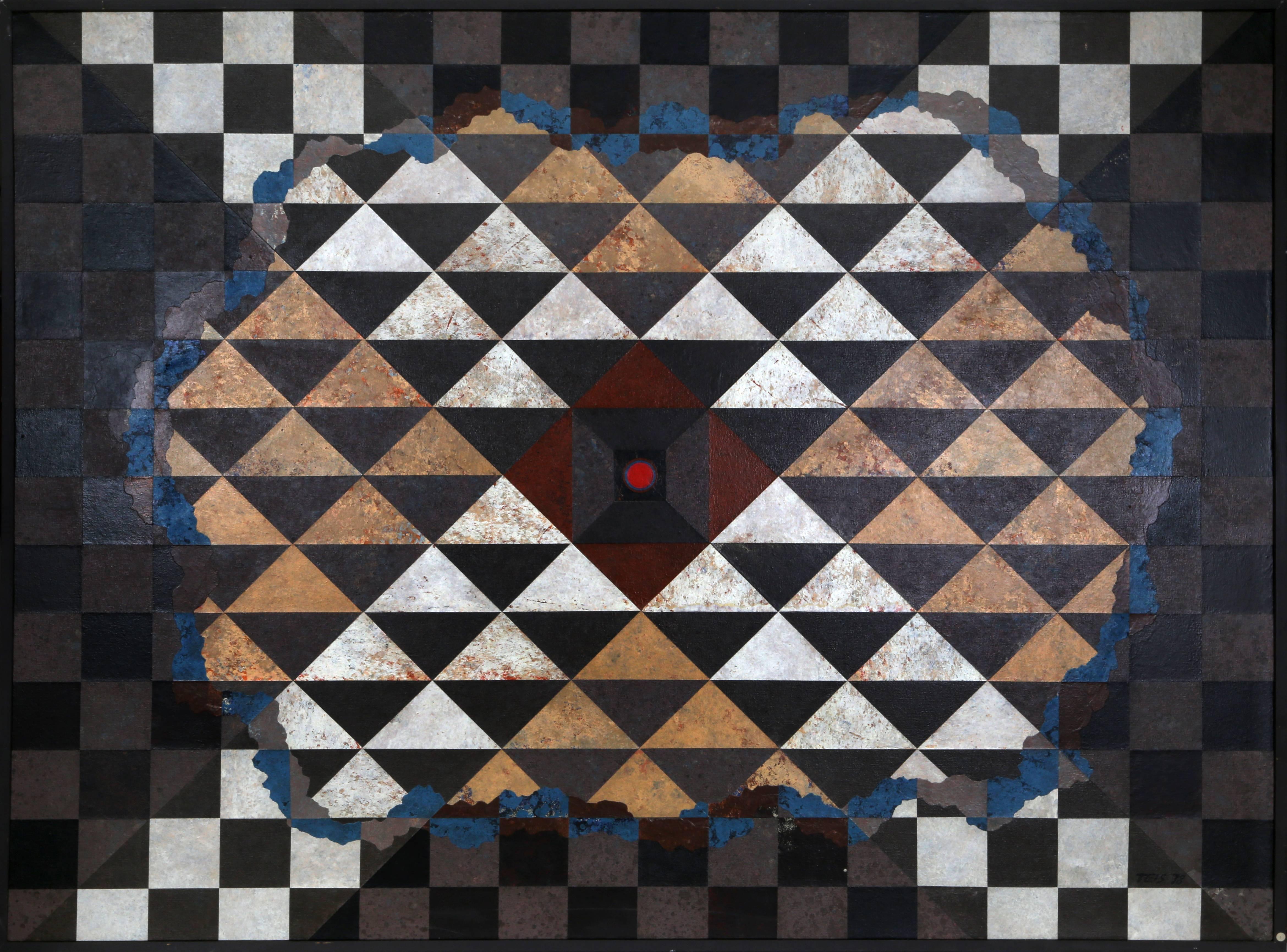 Artista: Daniel K. Teis, americano (1925 - 2002)
Titolo: Astratto con modello Checker
Medium: Olio su tela firmato a sinistra.
Dimensione: 54  x 72 pollici (137,16  x 182,88 cm)