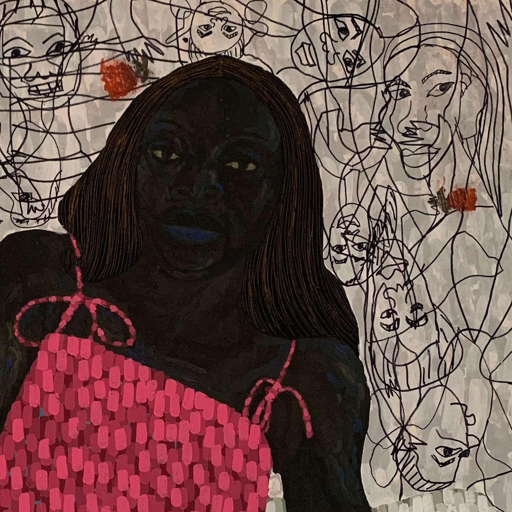 Yo También Tengo Una Rosa - Siglo XXI Contemporáneo, Impasto Figurativo, Mujeres Florales - Figurative Painting Marrón de Dan Uduak-obong 
