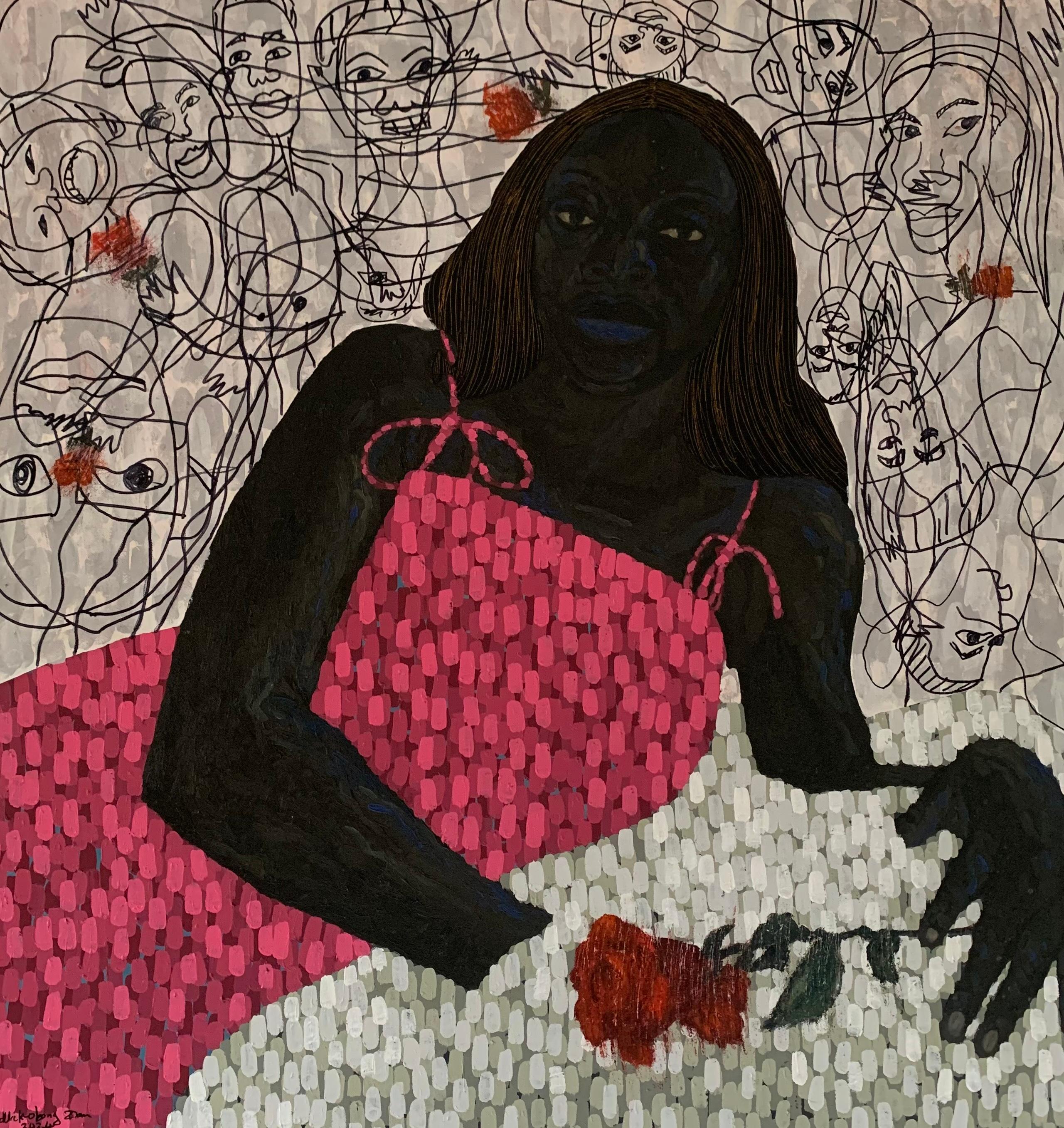 Figurative Painting de Dan Uduak-obong  - Yo También Tengo Una Rosa - Siglo XXI Contemporáneo, Impasto Figurativo, Mujeres Florales