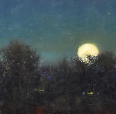 "Una luna di dicembre" Paesaggio invernale rurale originale, pittura a olio su lino