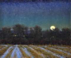 "Una luna di dicembre" Paesaggio invernale rurale originale, pittura a olio su lino