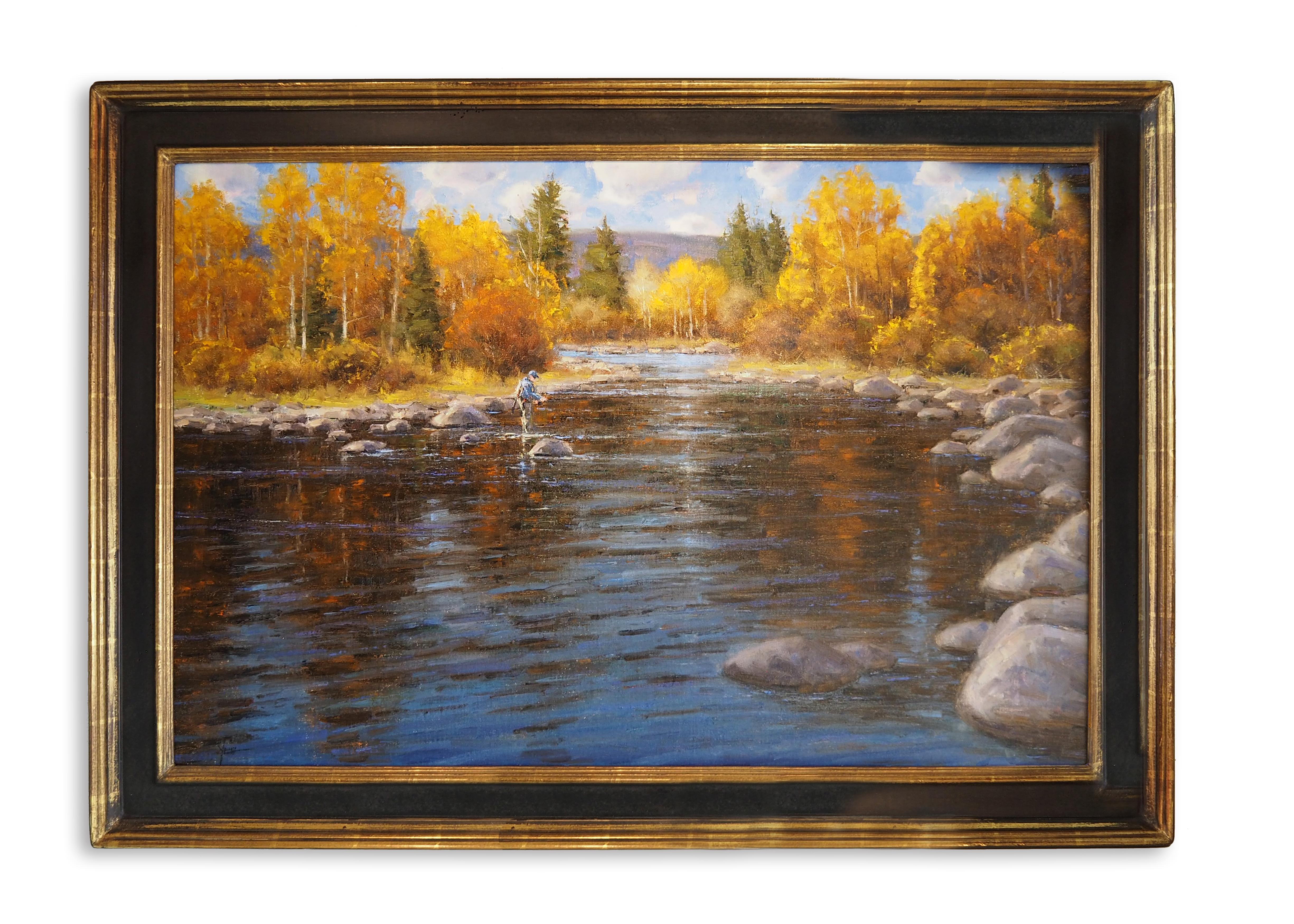 A Fall Day to Remember (fly fishing, river, reflection, Fall colors) - Painting by Dan Young