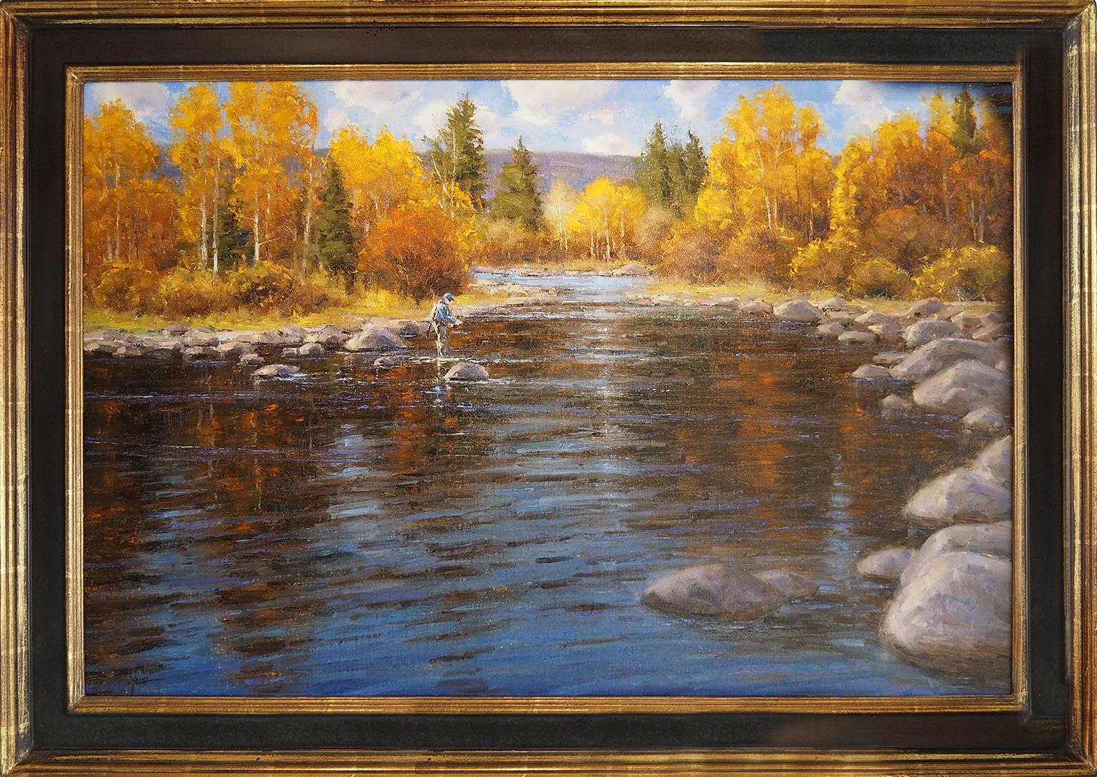 Dan Young Landscape Painting - A Fall Day to Remember (fly fishing, river, reflection, Fall colors)