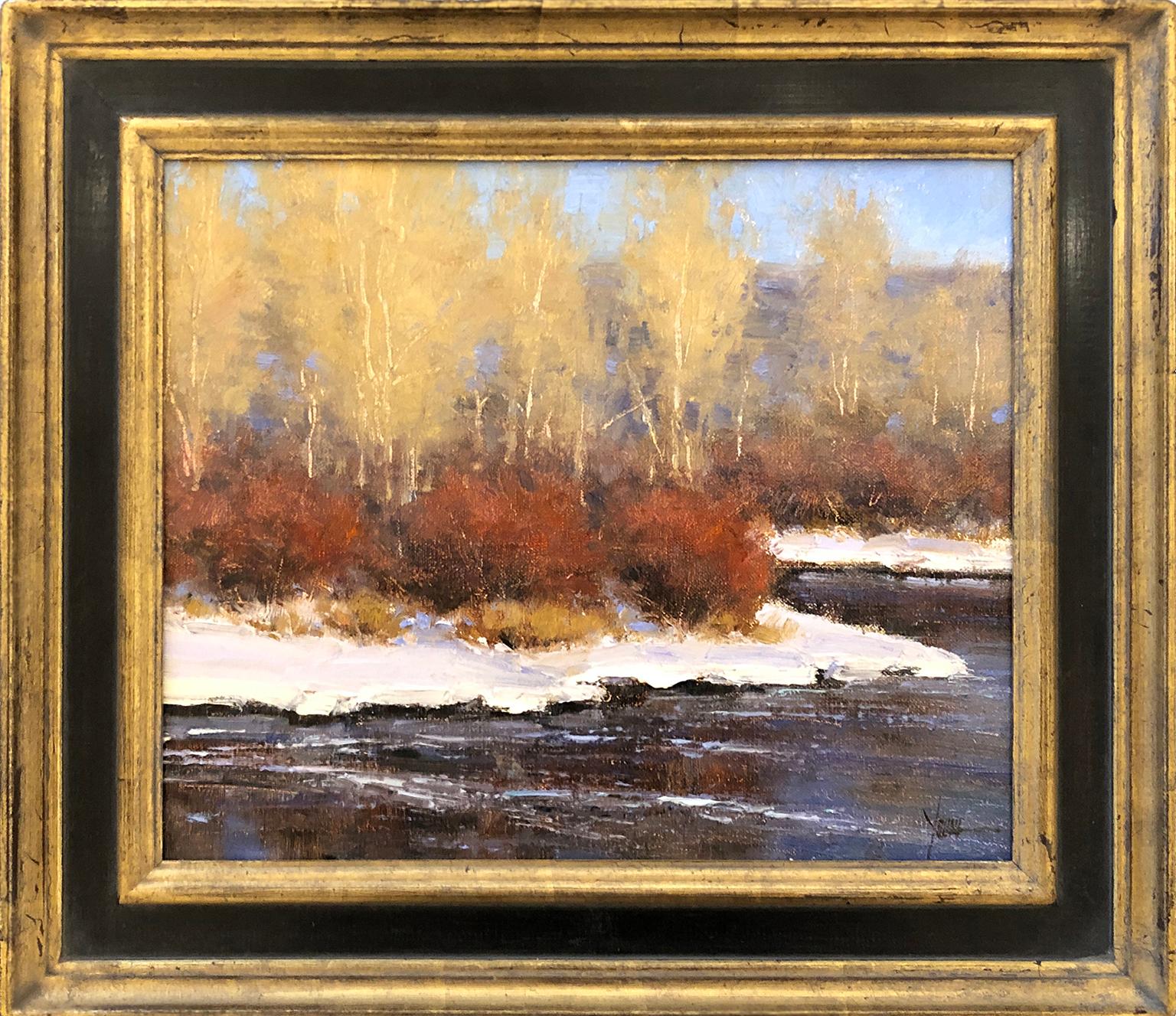 Dan Young Landscape Painting - December Color (golden Aspen's, winding river, snow)
