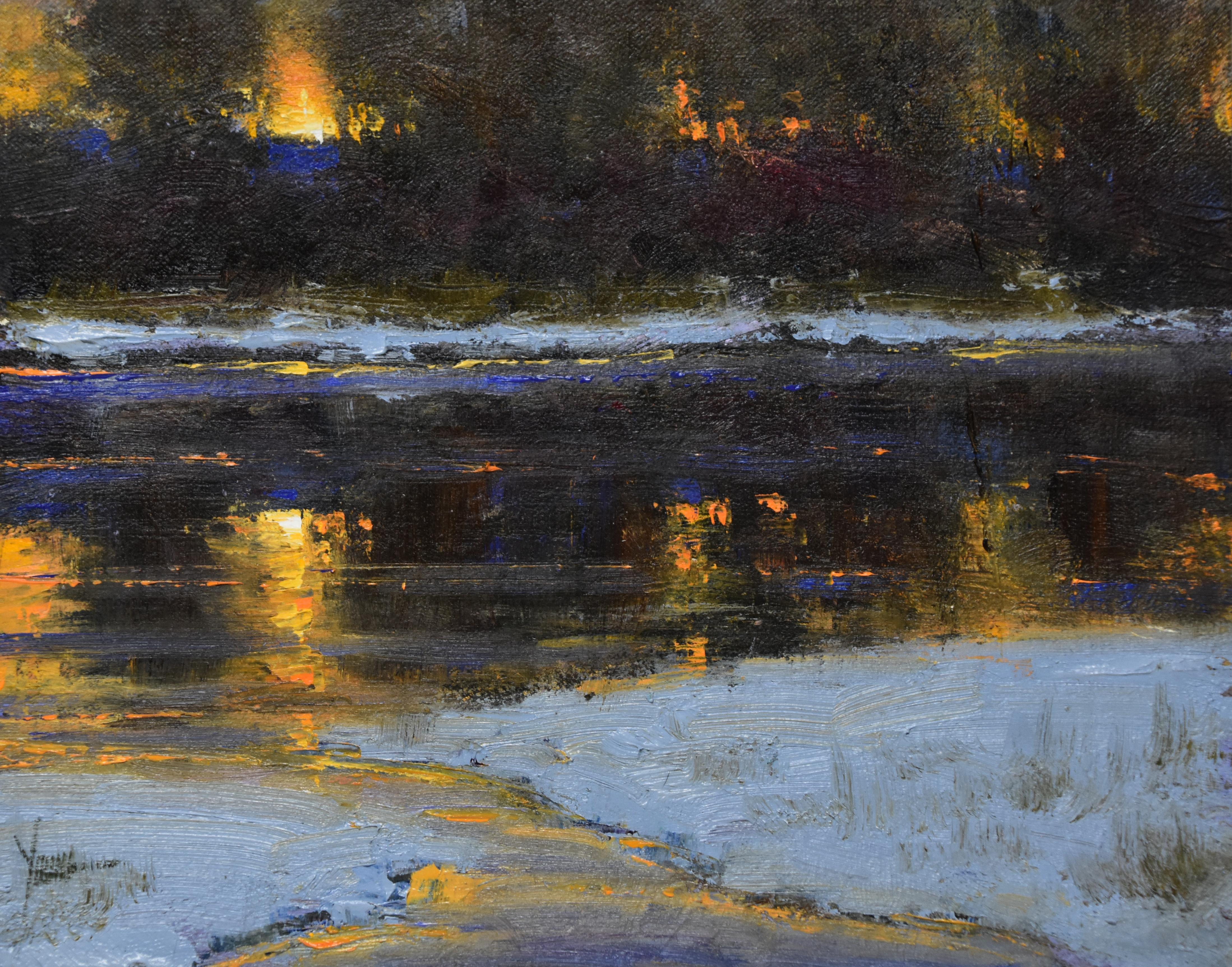 "Réflexions momentanées" Paysage rural original de l'ouest en hiver, peinture à l'huile