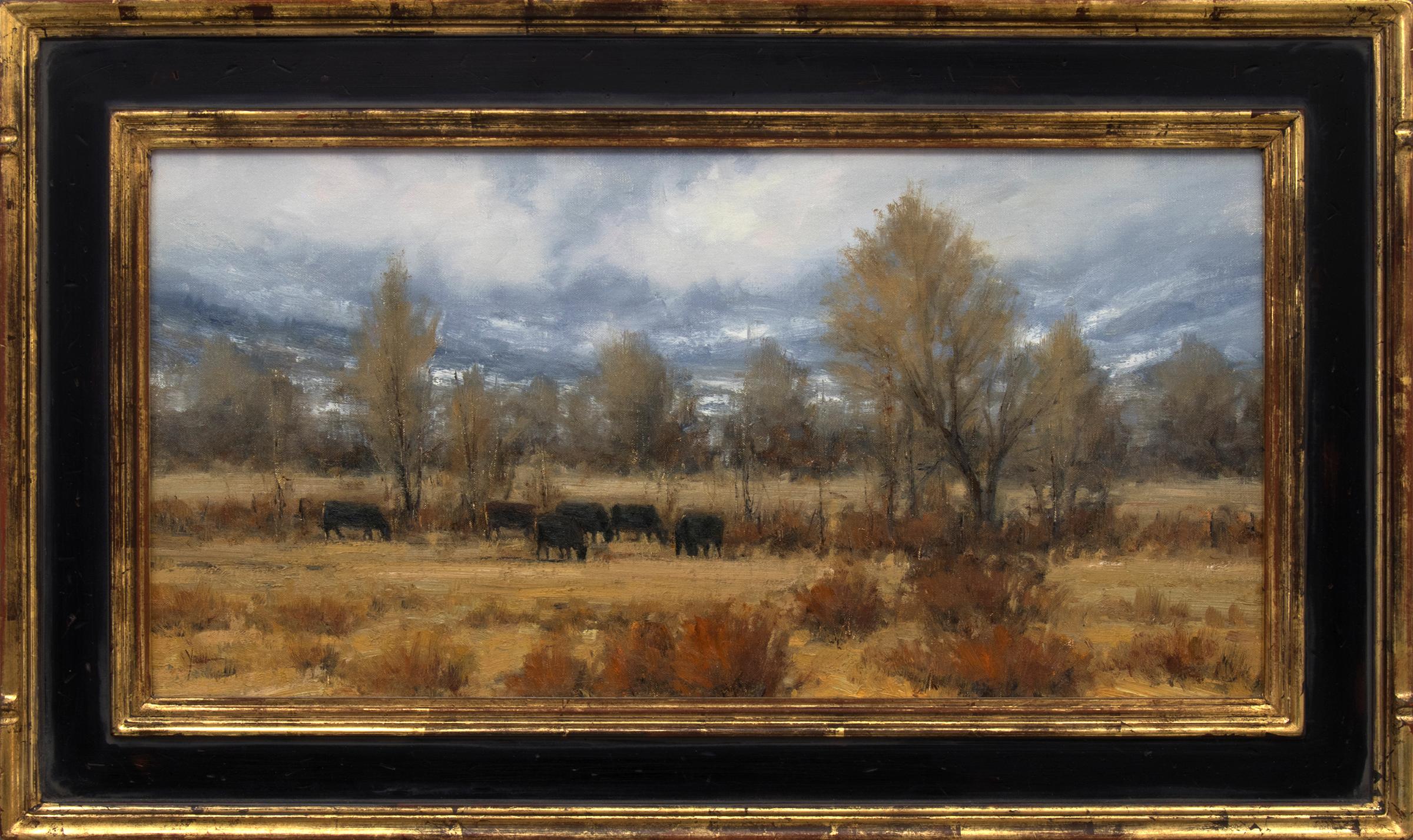 Dan Young Animal Painting - November Weather, Fall Autumn Landscape Oil Painting, Blue, Greens and Yellows