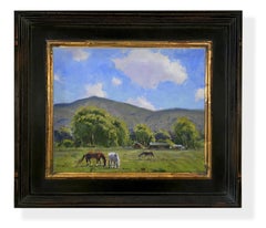 Summer Daze (rustic ranch, horses, puffy clouds, green, blue, lilac, brown)