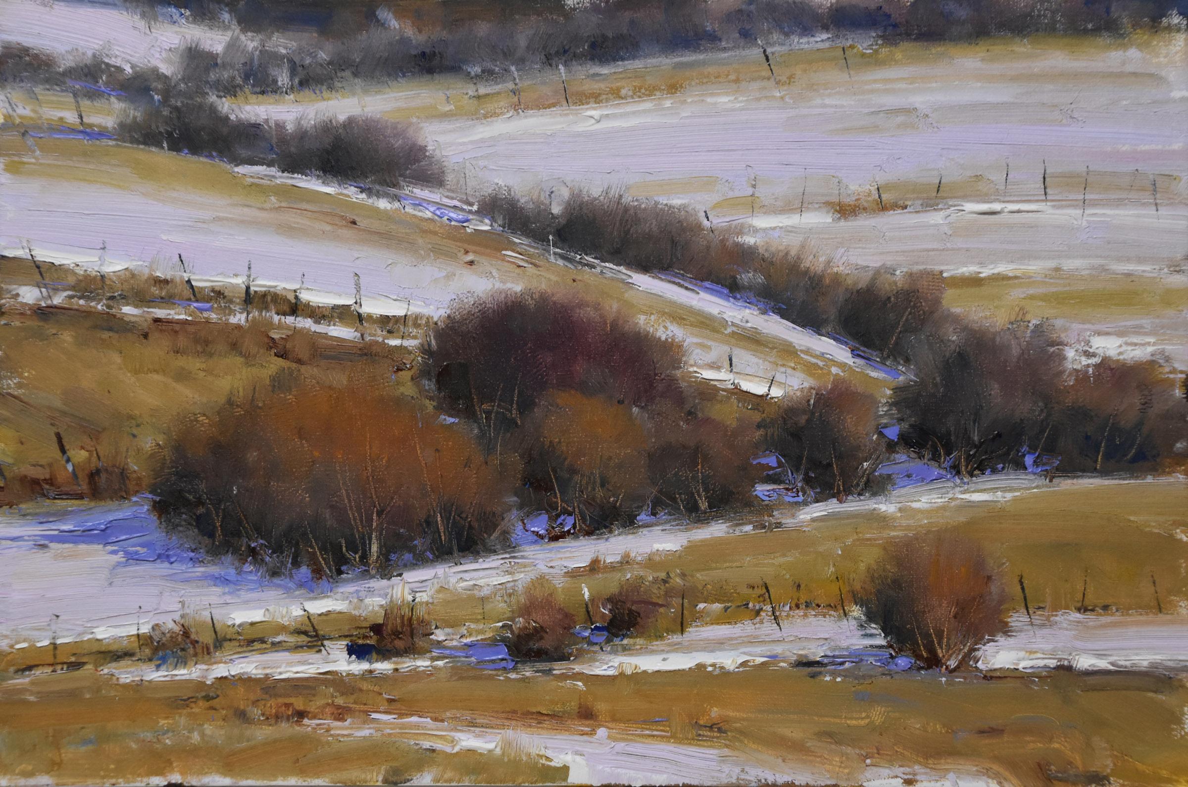 Landscape Painting Dan Young - "Willow Patterns" Peinture à l'huile originale, Paysage, Scène de neige