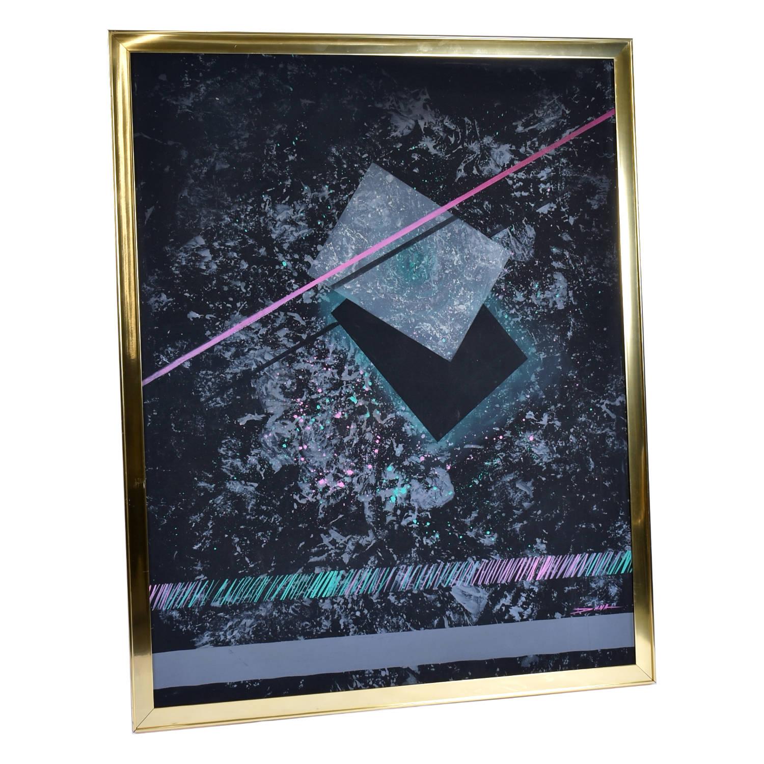Post-Modern Dana 1980s Large Black Pink and Blue Geometric Memphis Style Painting For Sale