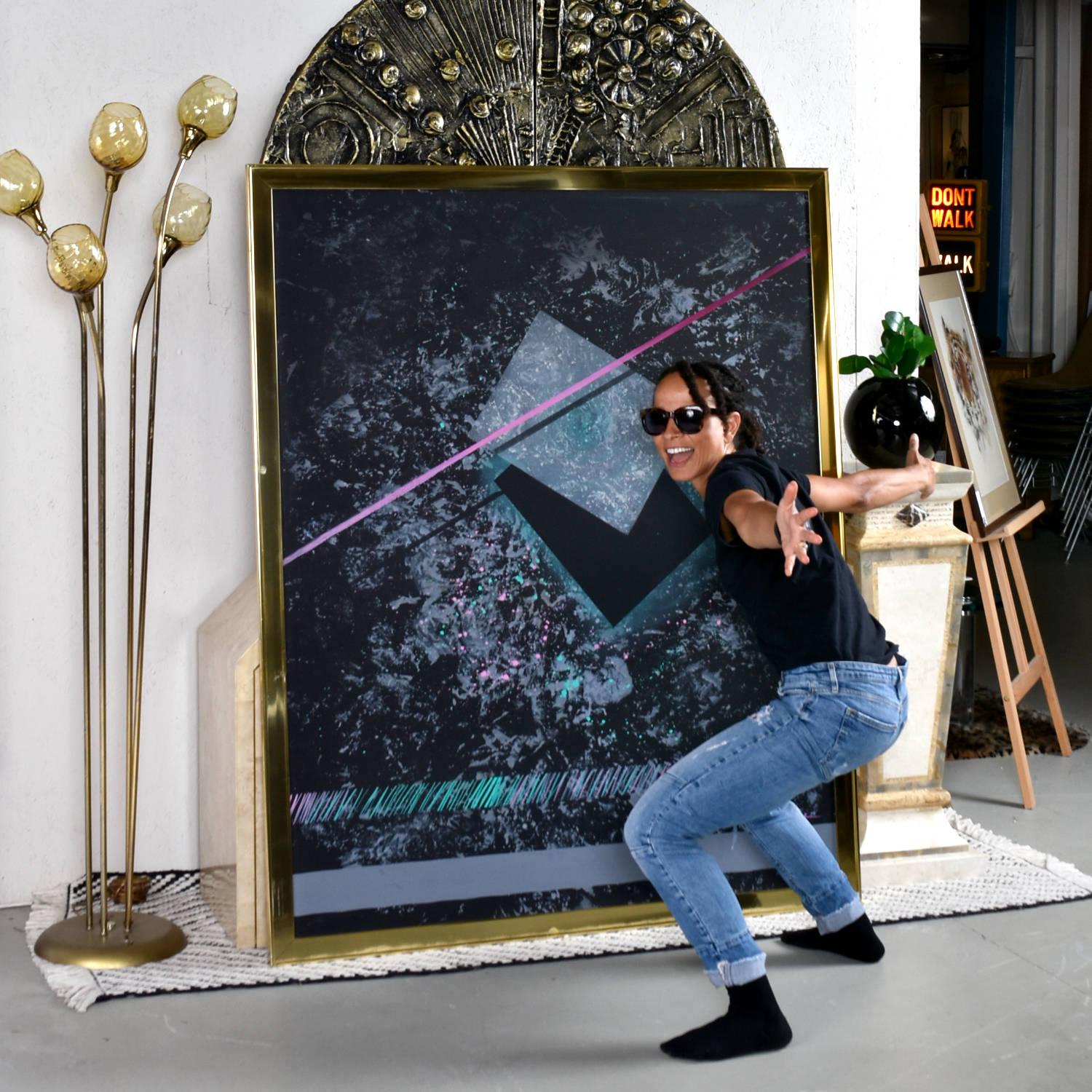 Late 20th Century Dana 1980s Large Black Pink and Blue Geometric Memphis Style Painting For Sale