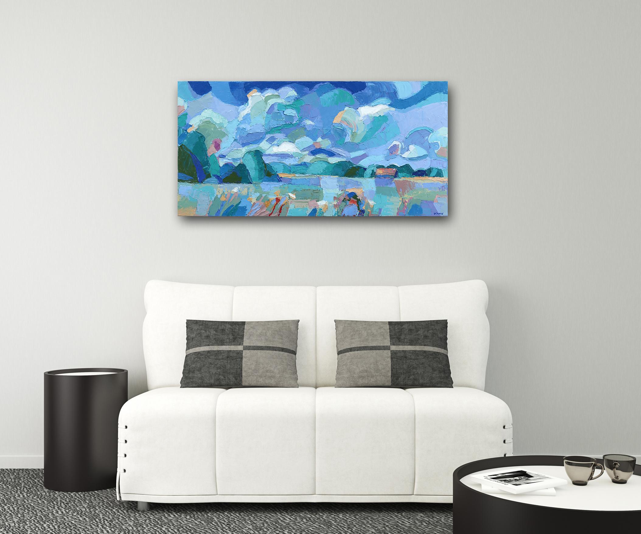 Granja Nublada - Pintura Original Azul Abstracta Paisaje Cielo Impasto - Painting de Dana Cowie