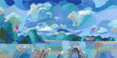 Cloudy Farm - Original Blue Abstract Impasto Sky Landscape Painting
