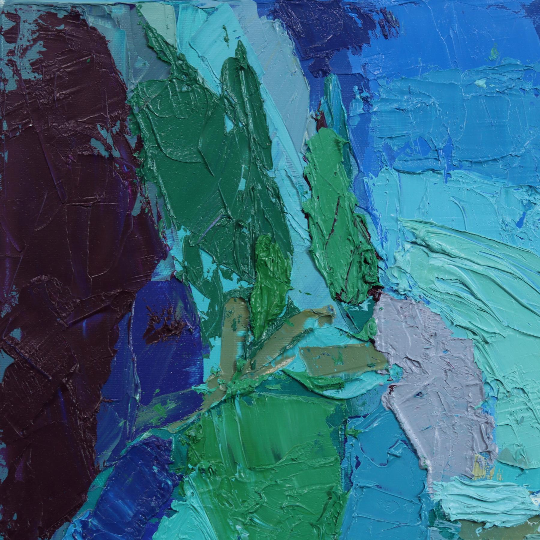 Collingwood Trail - Abstrakte erdige Töne Landschaft Textur Impasto Ölgemälde (Blau), Landscape Painting, von Dana Cowie