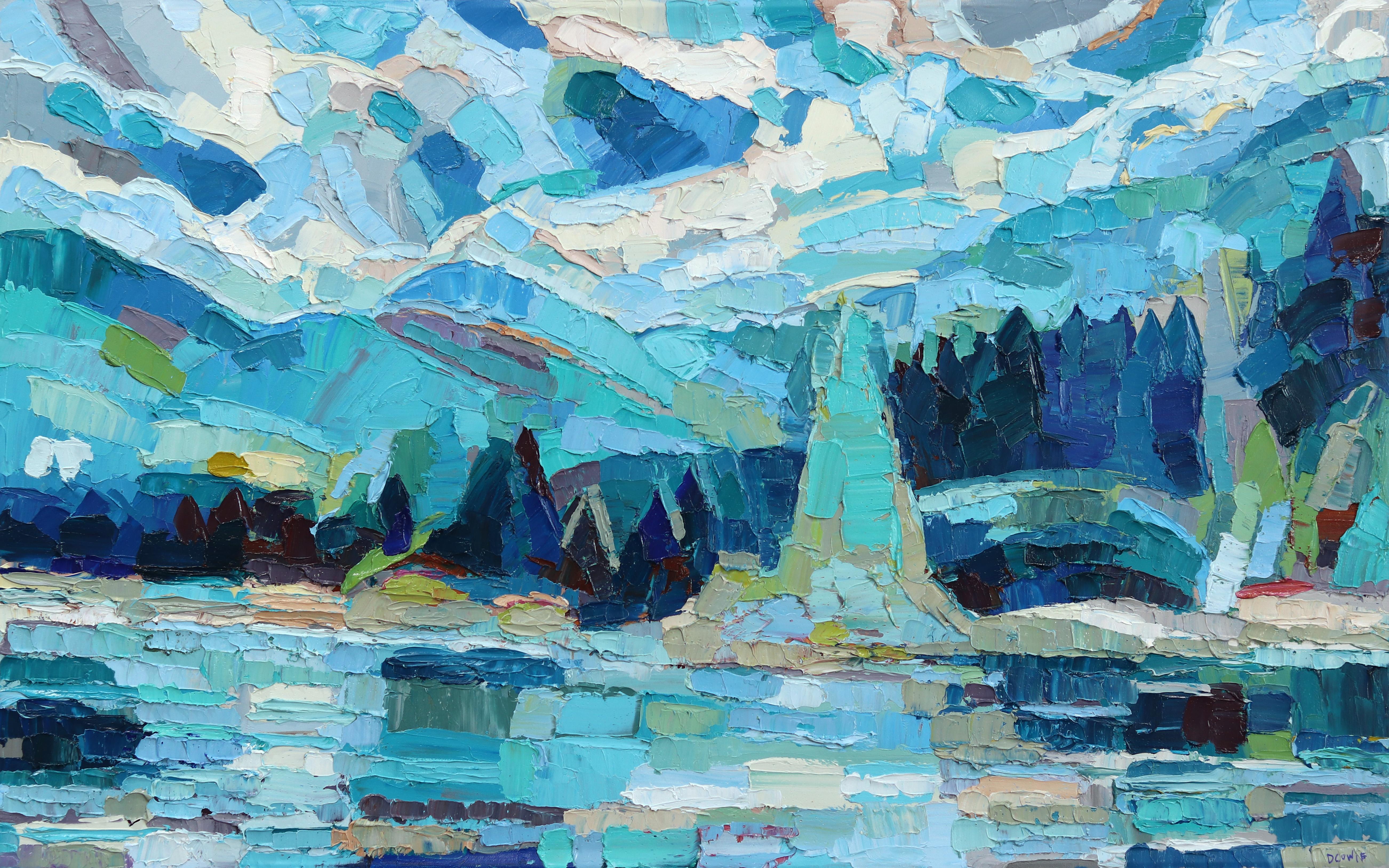 Using an impasto, painterly technique Dana Cowie creates cubist-inspired farm and rural landscapes. Working within controlled color schemes, her artworks appear abstract up close and become more representational as the viewer takes in the larger