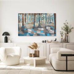 Posto Nascosto - Pittura originale ad impasto astratta beige blu con paesaggio in fiamme