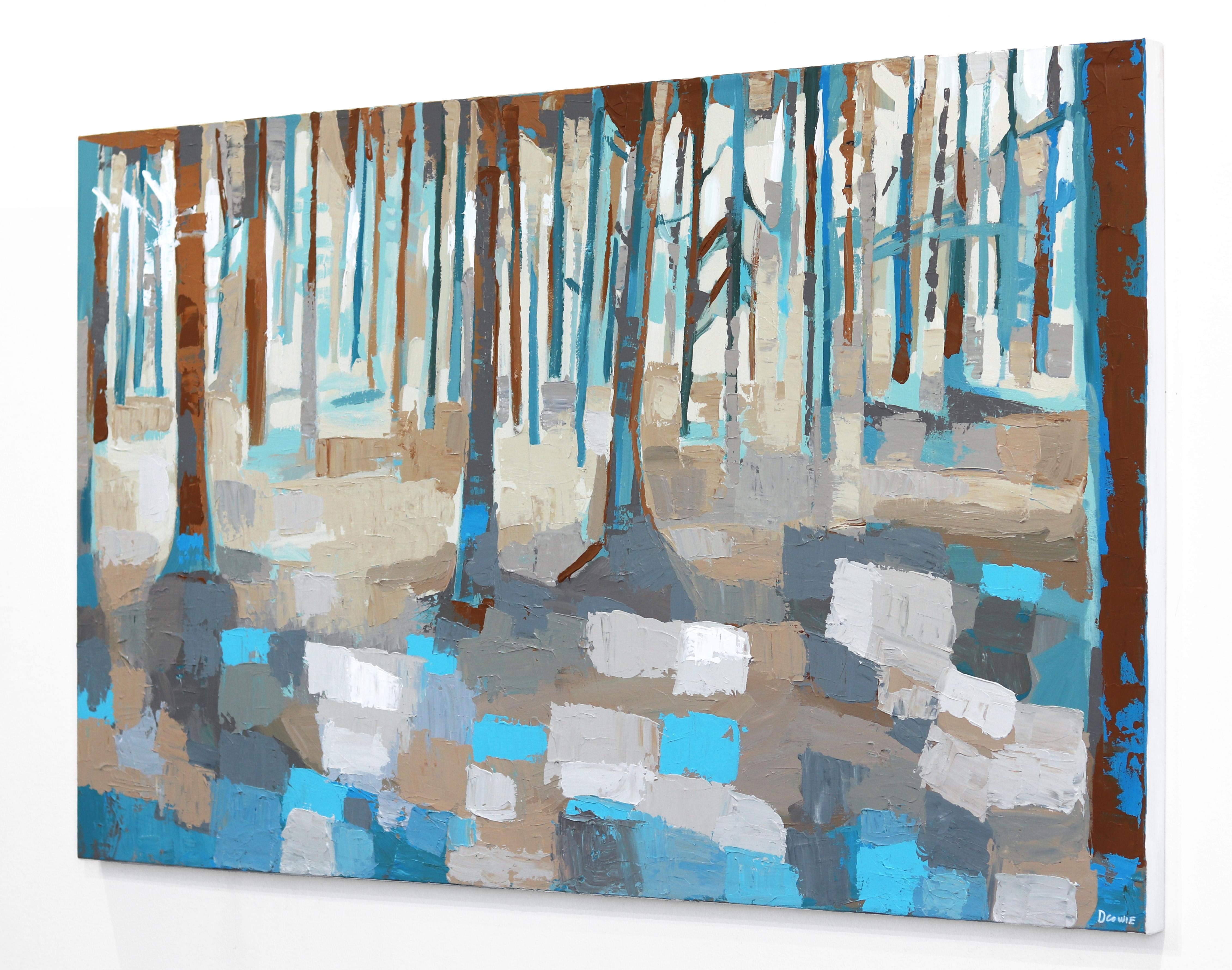 Hidden Place - Original Impasto Abstract Beige Blue Landscape Forrest Painting For Sale 1