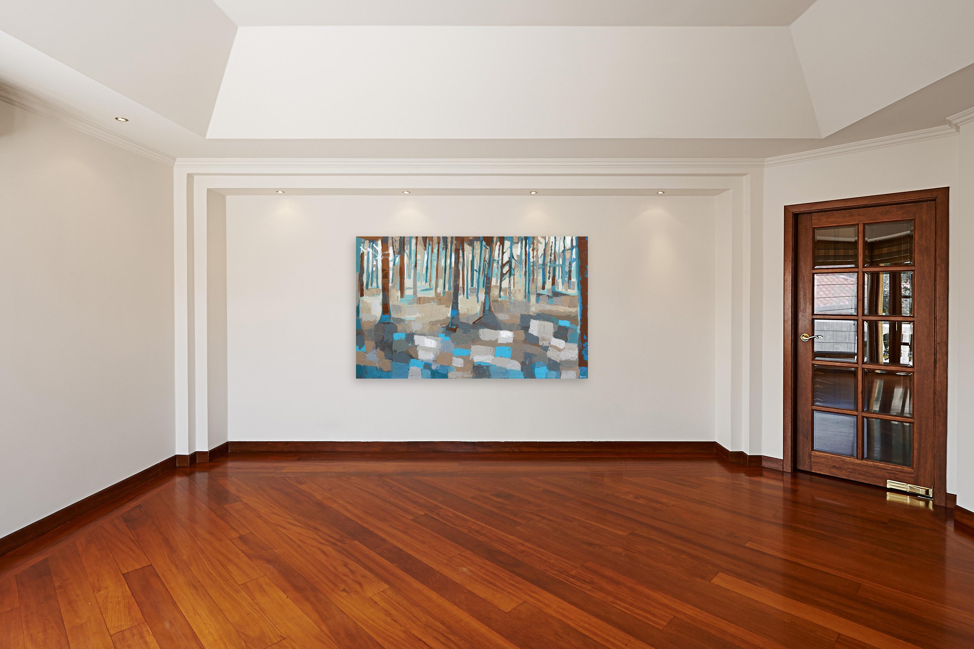 Hidden Place - Original Impasto Abstract Beige Blue Landscape Forrest Painting For Sale 3