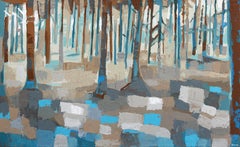 Peinture d'origine Impasto abstraite de paysage forestier bleu beige - Hidden Place