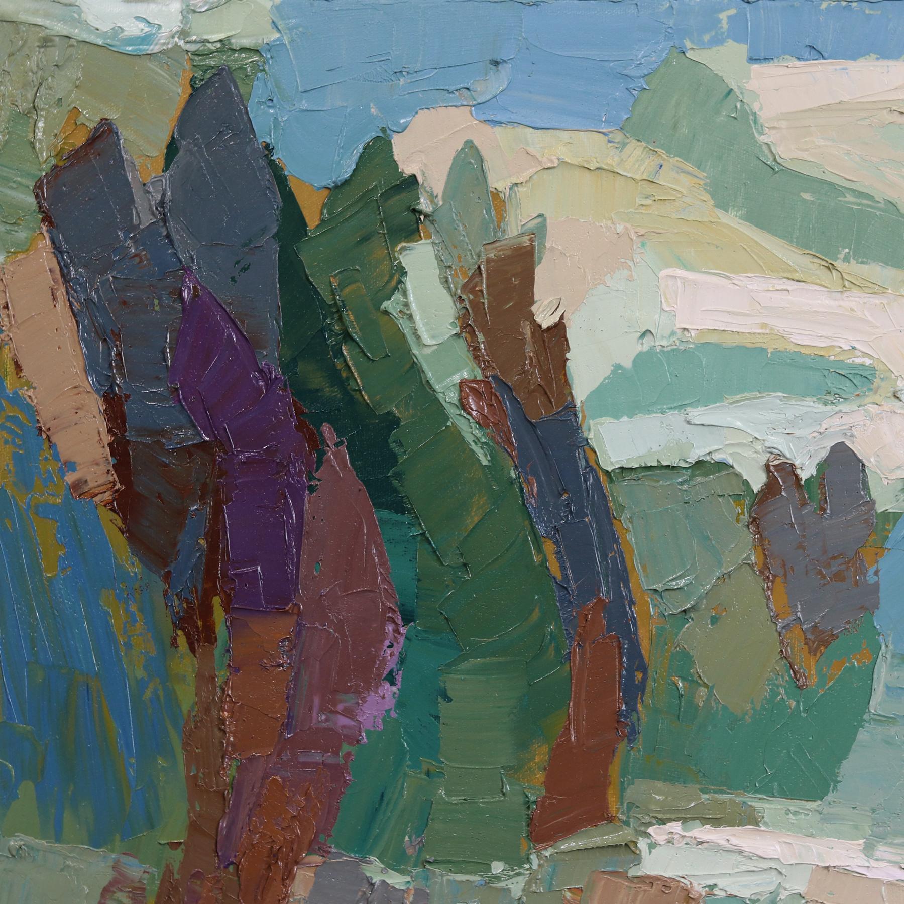 En utilisant une technique d'empâtement et de peinture, Dana Cowie crée des paysages agricoles et ruraux d'inspiration cubiste. Travaillant avec des combinaisons de couleurs contrôlées, ses œuvres semblent abstraites de près et deviennent plus