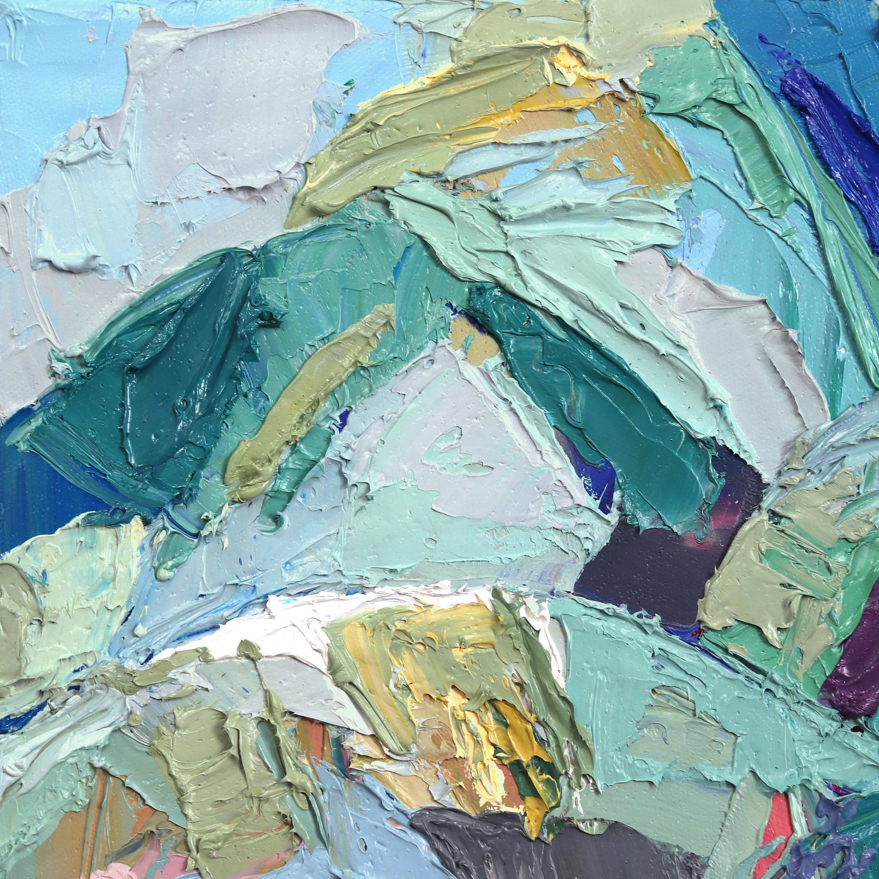 Palmiers - Peinture originale en tons froids, abstraite, paysage de nature, texturée et empâtée - Abstrait Painting par Dana Cowie