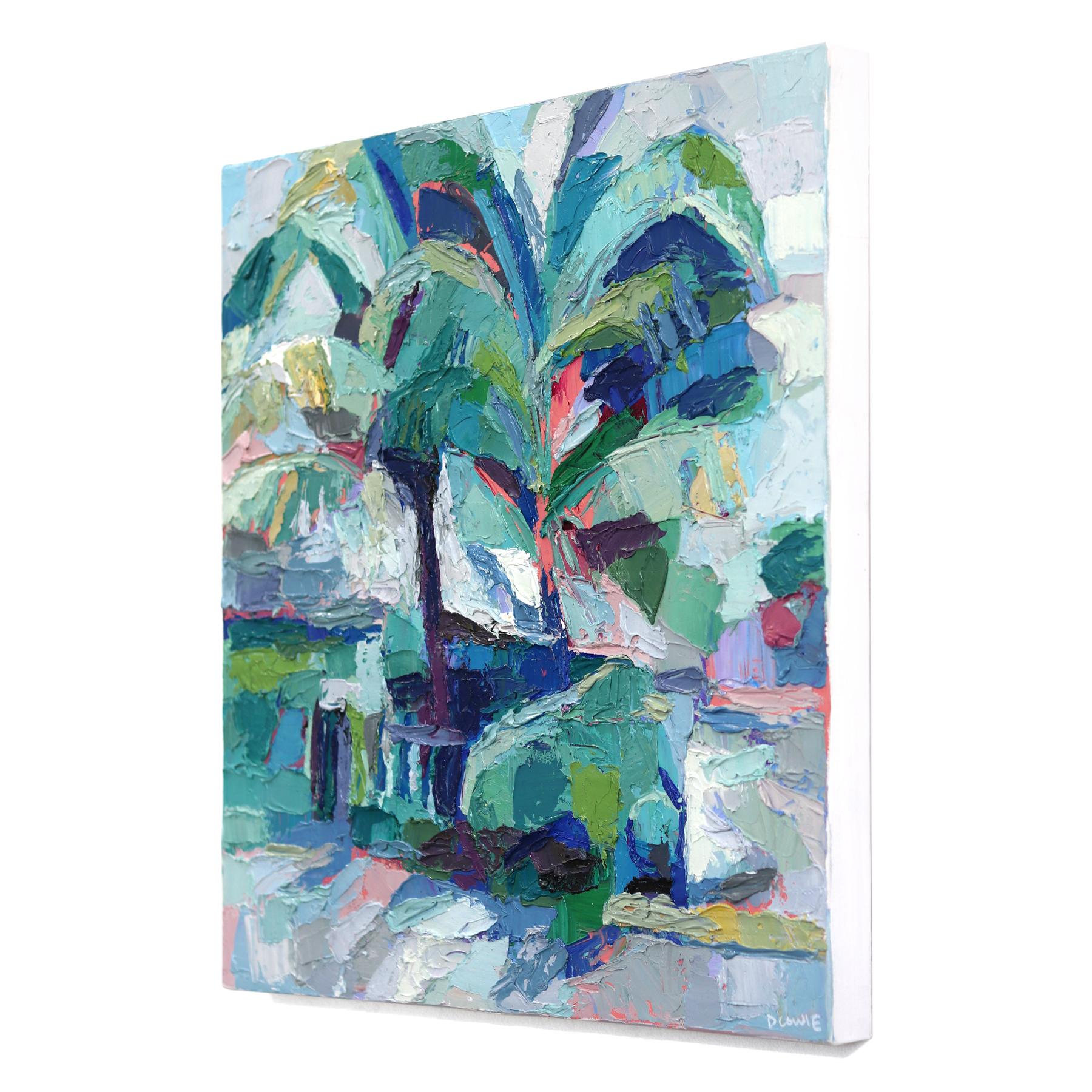 Palmiers - Peinture originale en tons froids, abstraite, paysage de nature, texturée et empâtée - Bleu Abstract Painting par Dana Cowie