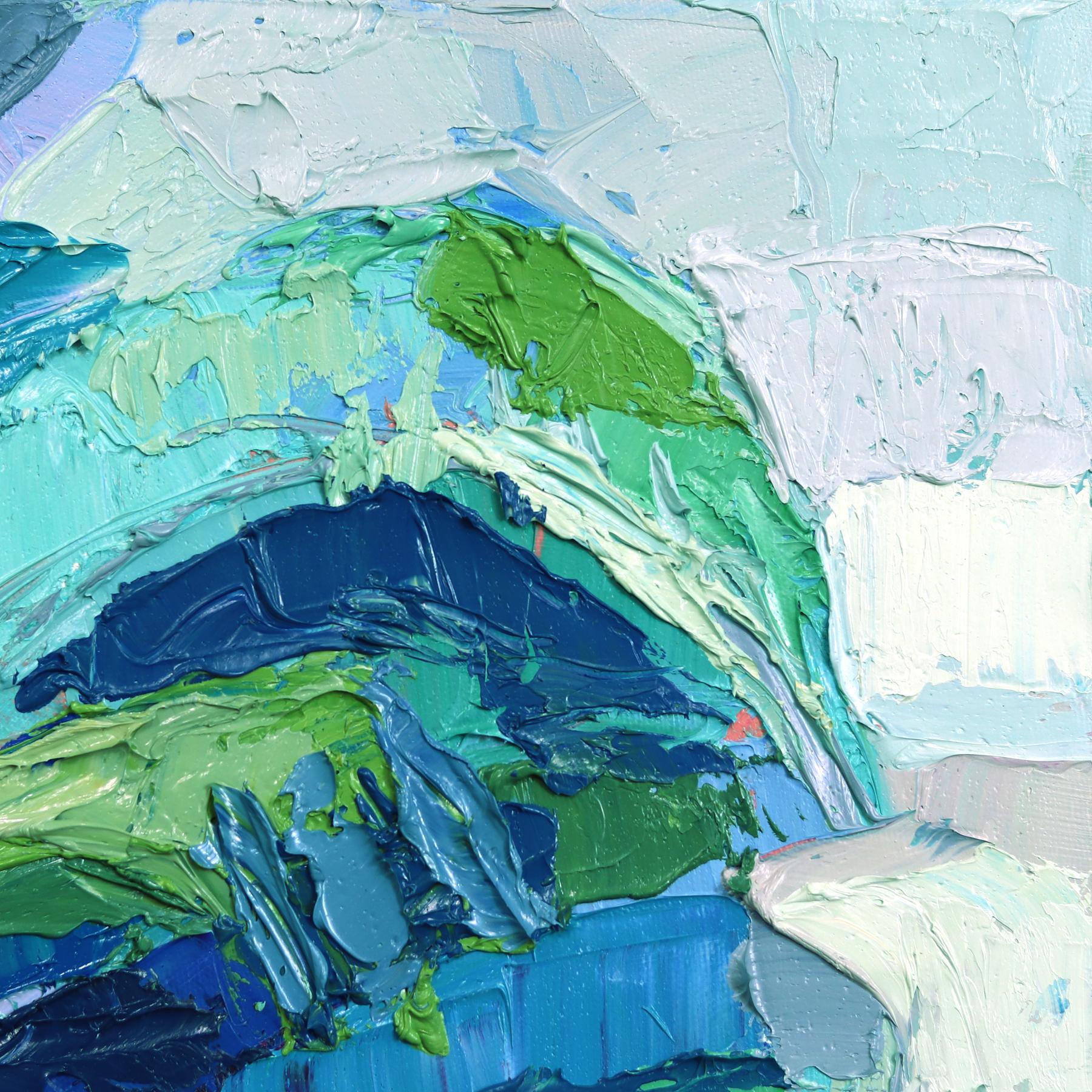 En utilisant une technique d'empâtement et de peinture, Dana Cowie crée des paysages agricoles et ruraux d'inspiration cubiste. Travaillant avec des combinaisons de couleurs contrôlées, ses œuvres semblent abstraites de près et deviennent plus