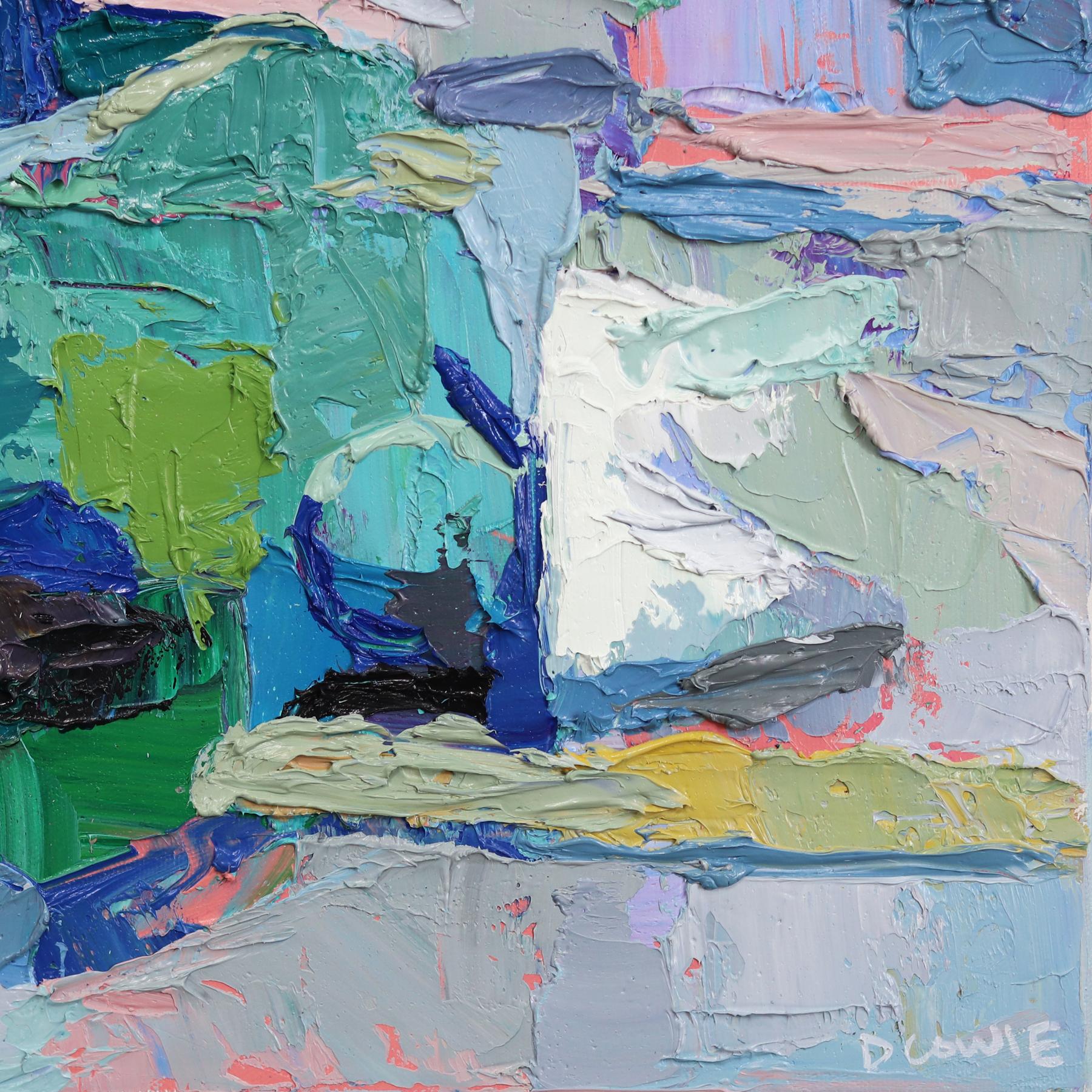 Palmiers - Peinture originale en tons froids, abstraite, paysage de nature, texturée et empâtée en vente 3