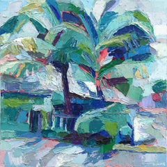 Palmeras - Pintura original en tonos fríos Paisaje abstracto de la naturaleza Texturas Impasto
