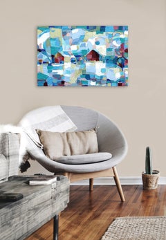 Prefer Kindness - Original Impasto Abstract Blue Landscape Painting with Houses