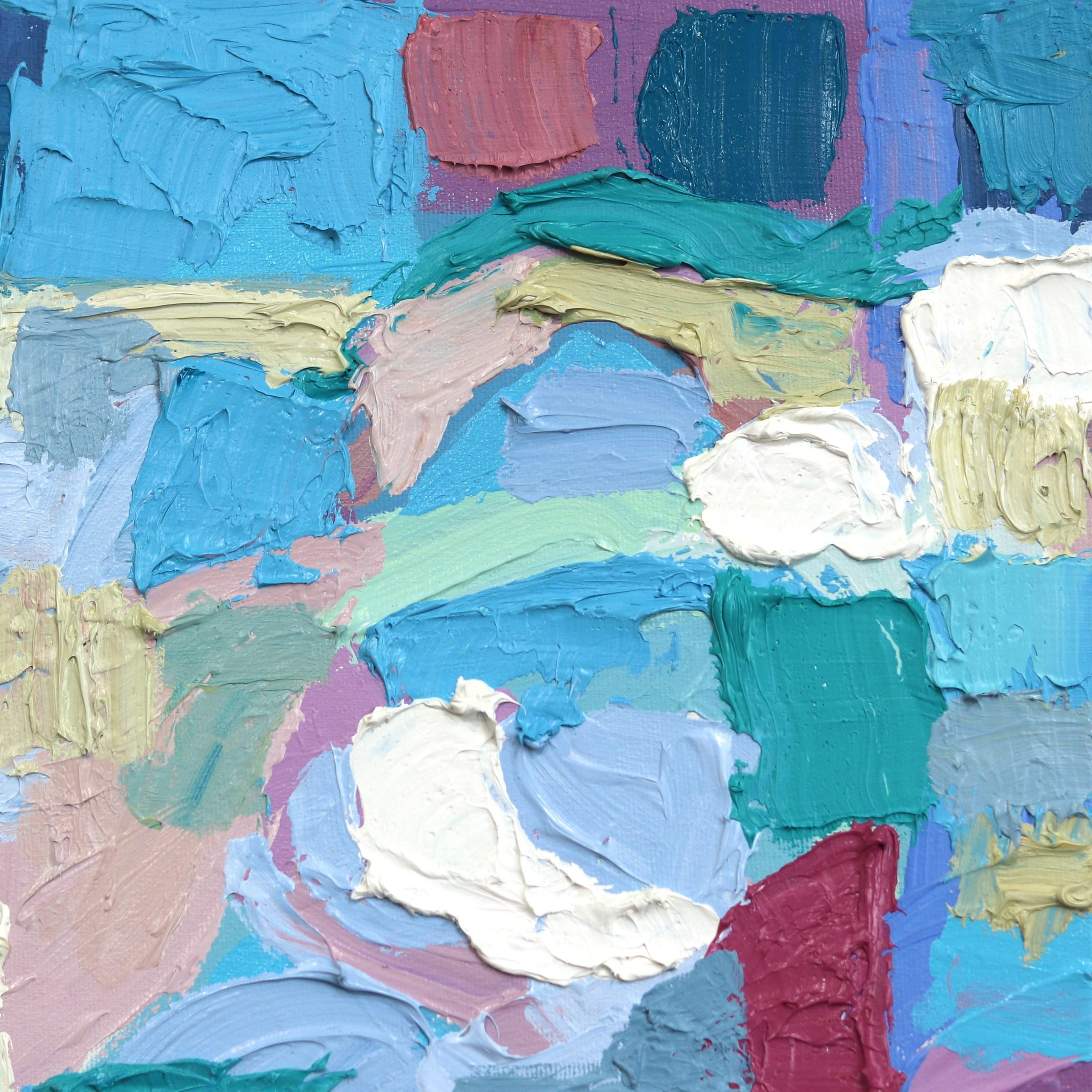 Prefer Kindness - Peinture originale d'un paysage bleu abstrait avec des maisons - Abstrait Painting par Dana Cowie