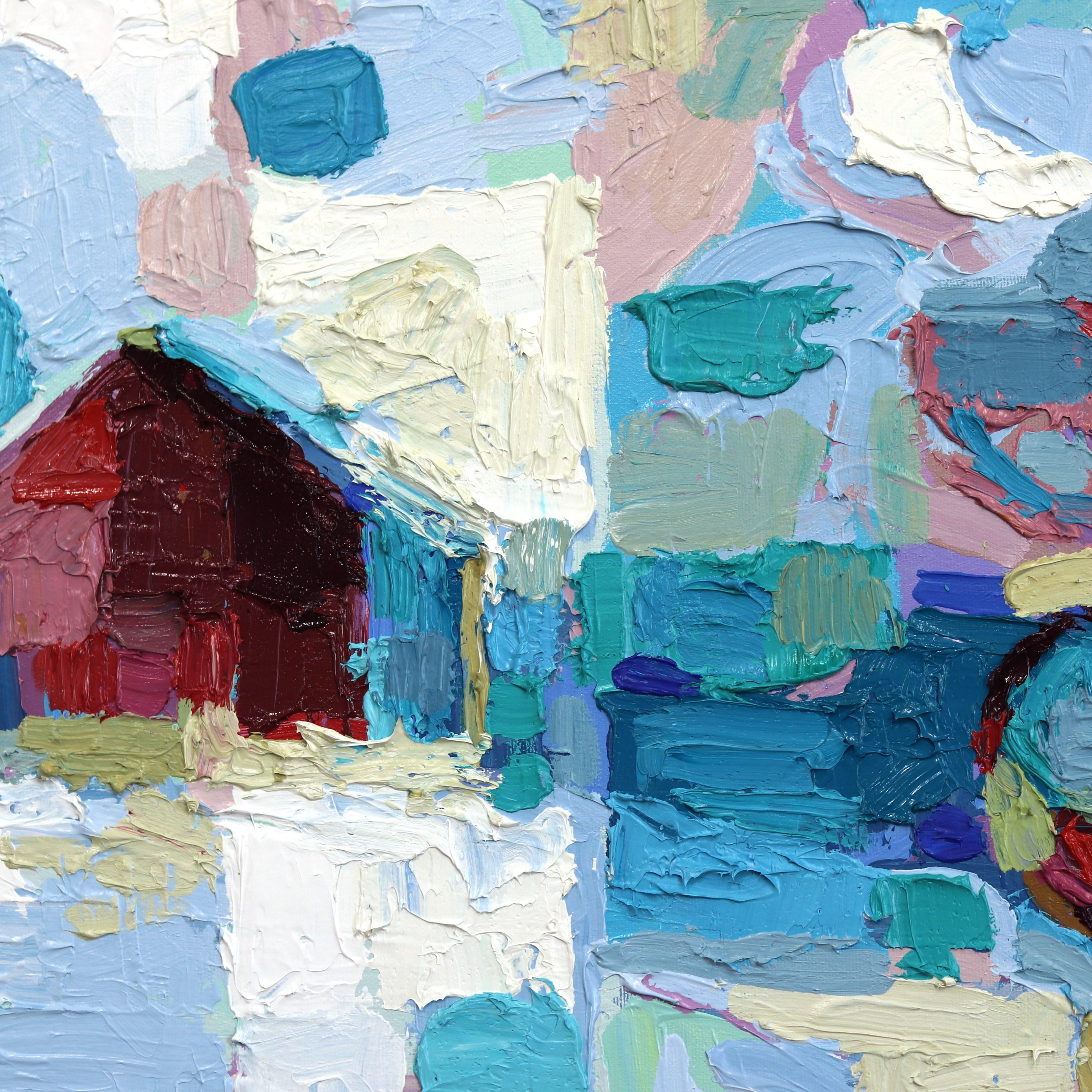 Prefer Kindness – Original Impasto Abstraktes blaues Landschaftsgemälde mit Häusern im Angebot 1
