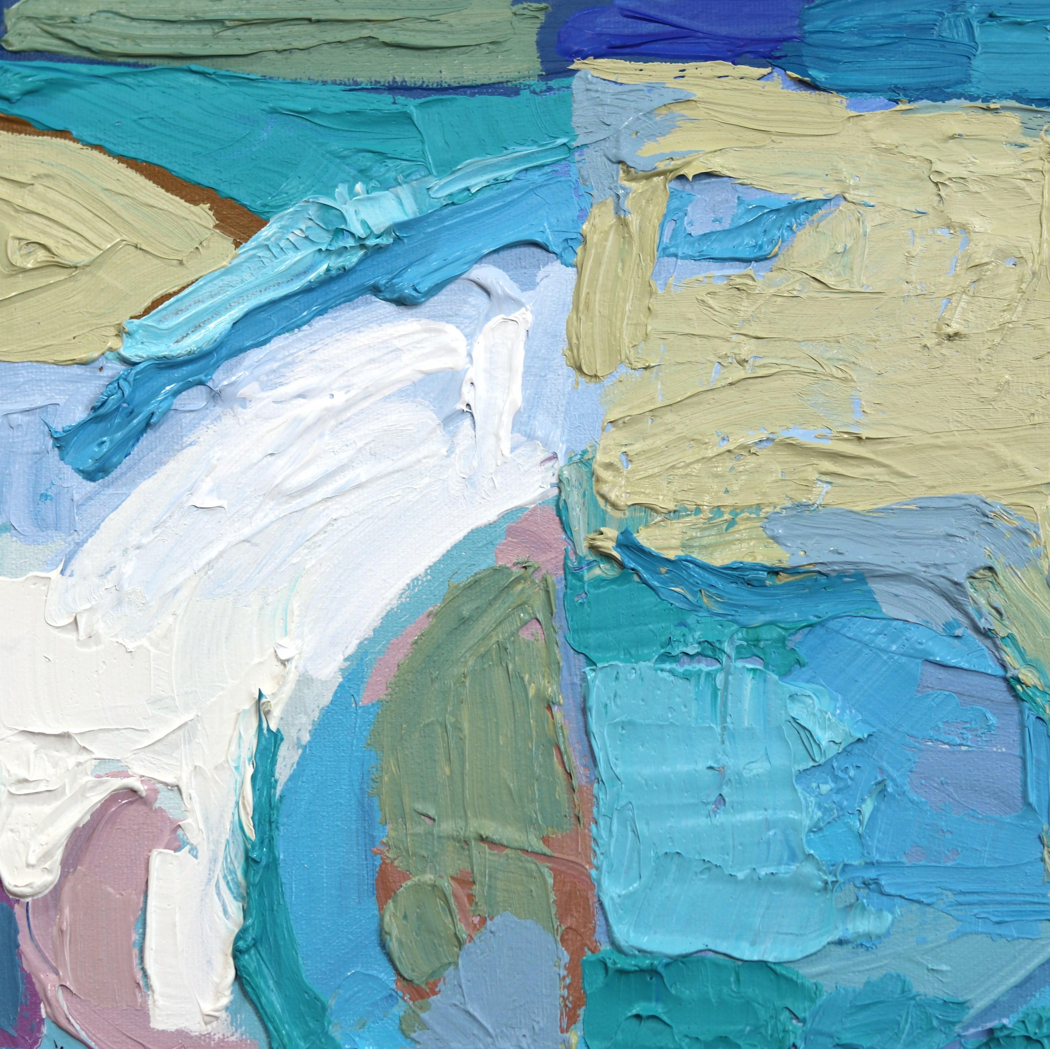 Prefer Kindness - Peinture originale d'un paysage bleu abstrait avec des maisons en vente 2