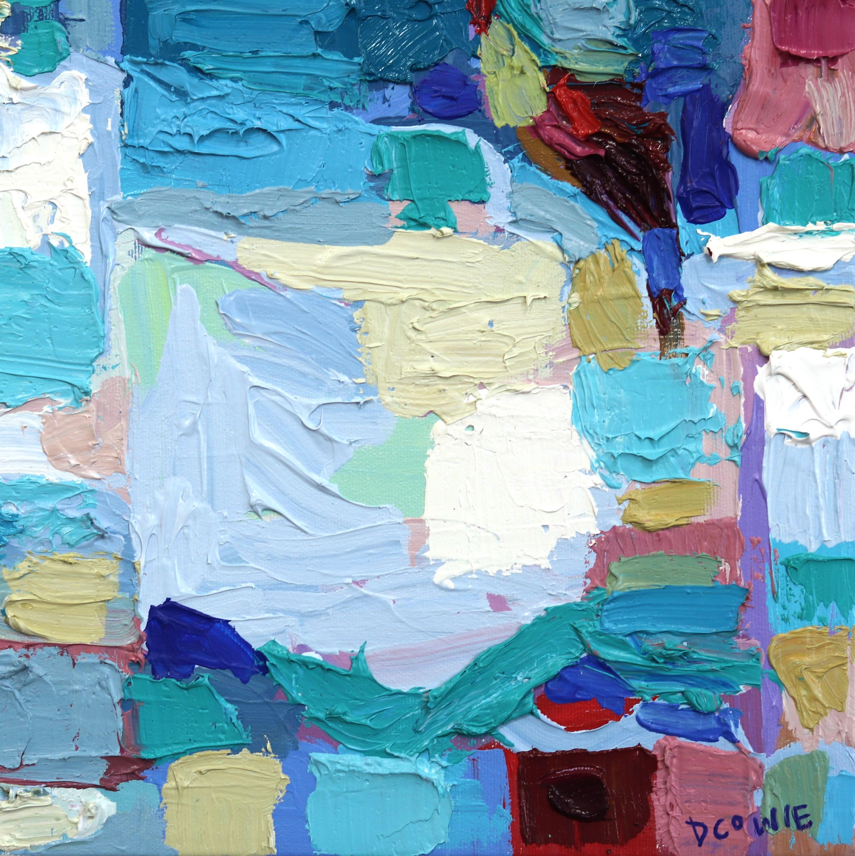 Prefer Kindness - Original Impasto Abstract Blue Landscape Painting with Houses For Sale 4
