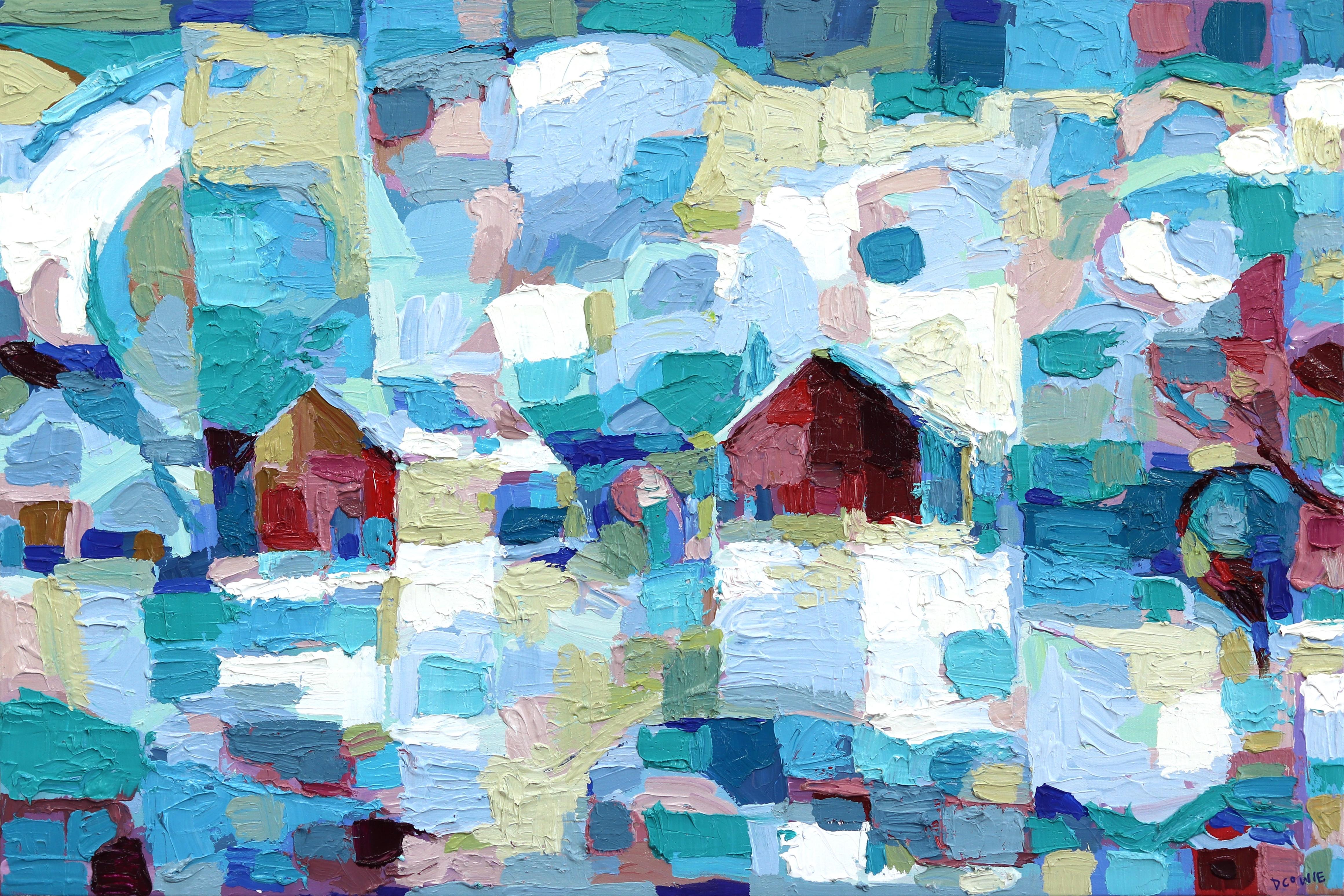 Landscape Painting Dana Cowie - Prefer Kindness - Peinture originale d'un paysage bleu abstrait avec des maisons