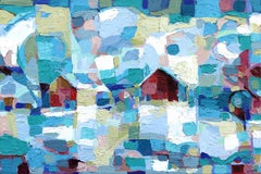 Prefer Kindness - Peinture originale d'un paysage bleu abstrait avec des maisons