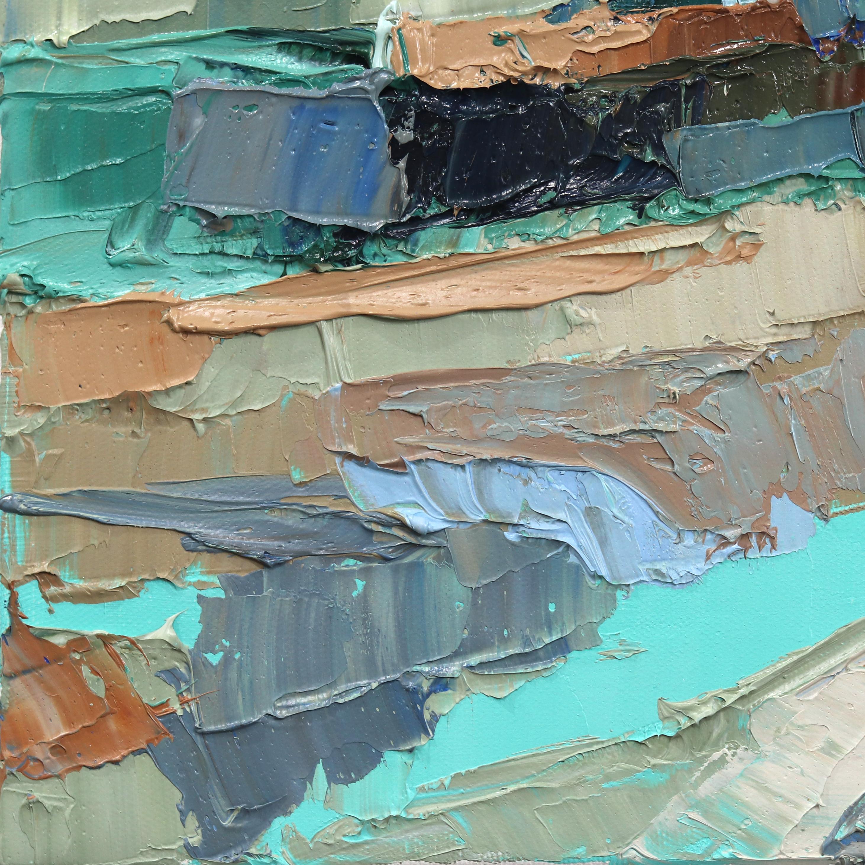 Paysage de carrière - Peinture originale Impasto abstraite bleu, gris et beige - Abstrait Painting par Dana Cowie