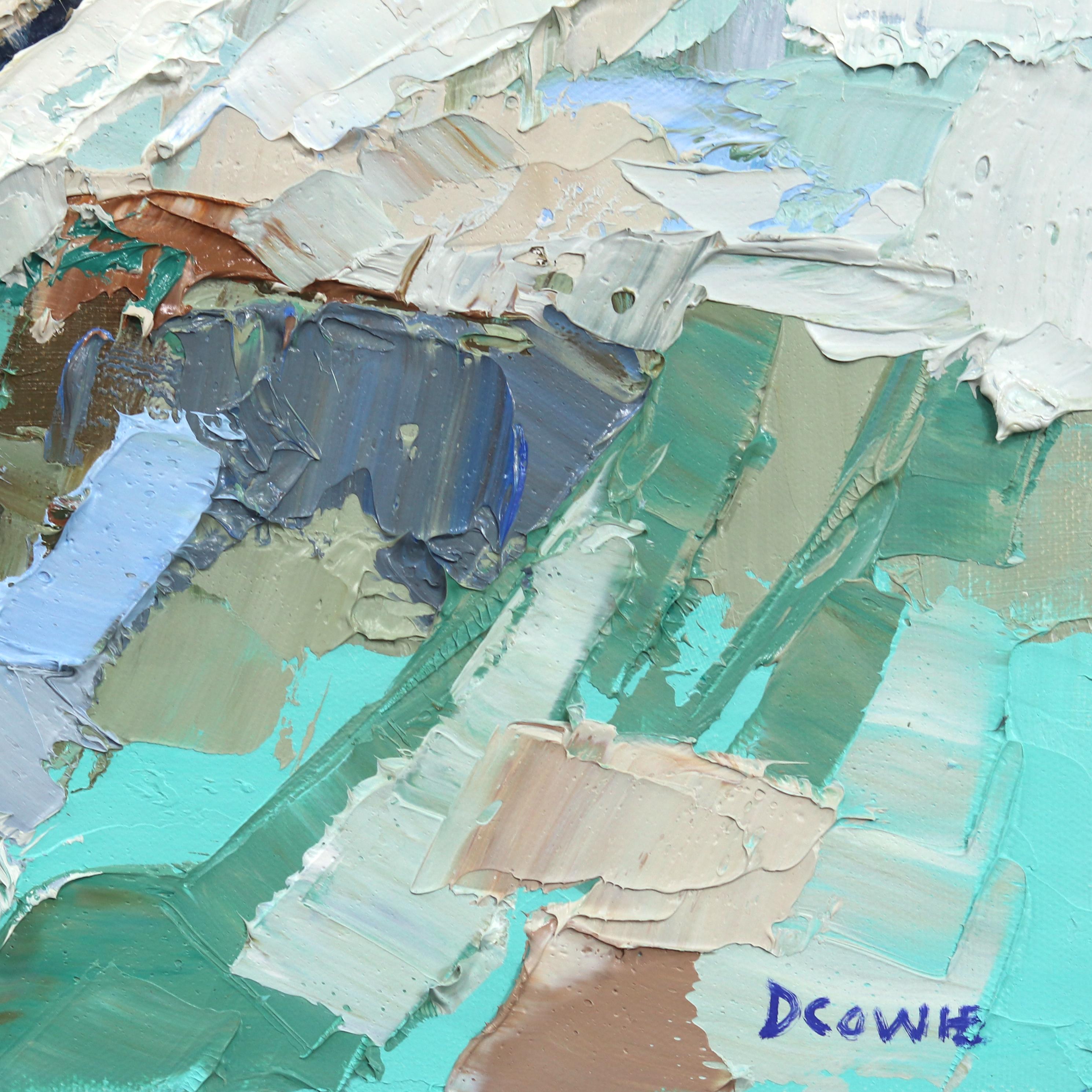 Paysage de carrière - Peinture originale Impasto abstraite bleu, gris et beige en vente 3