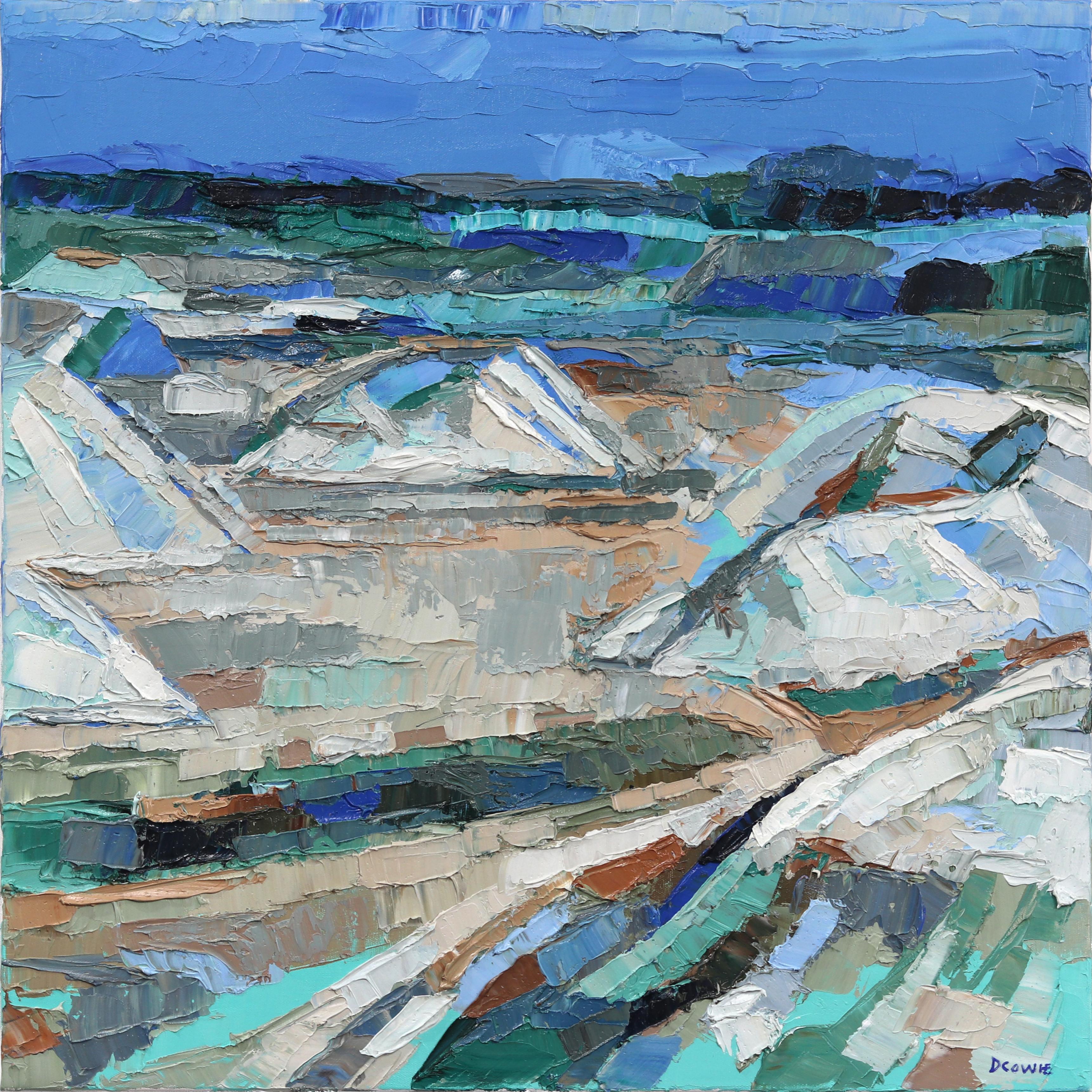 Landscape Painting Dana Cowie - Paysage de carrière - Peinture originale Impasto abstraite bleu, gris et beige