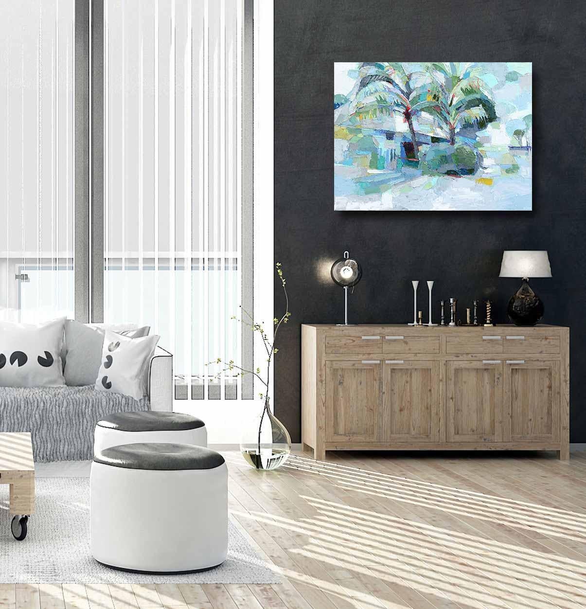 Shady Spot, Guatemala - Cool Tone Abstract Landscape Textural Impasto Malerei – Painting von Dana Cowie