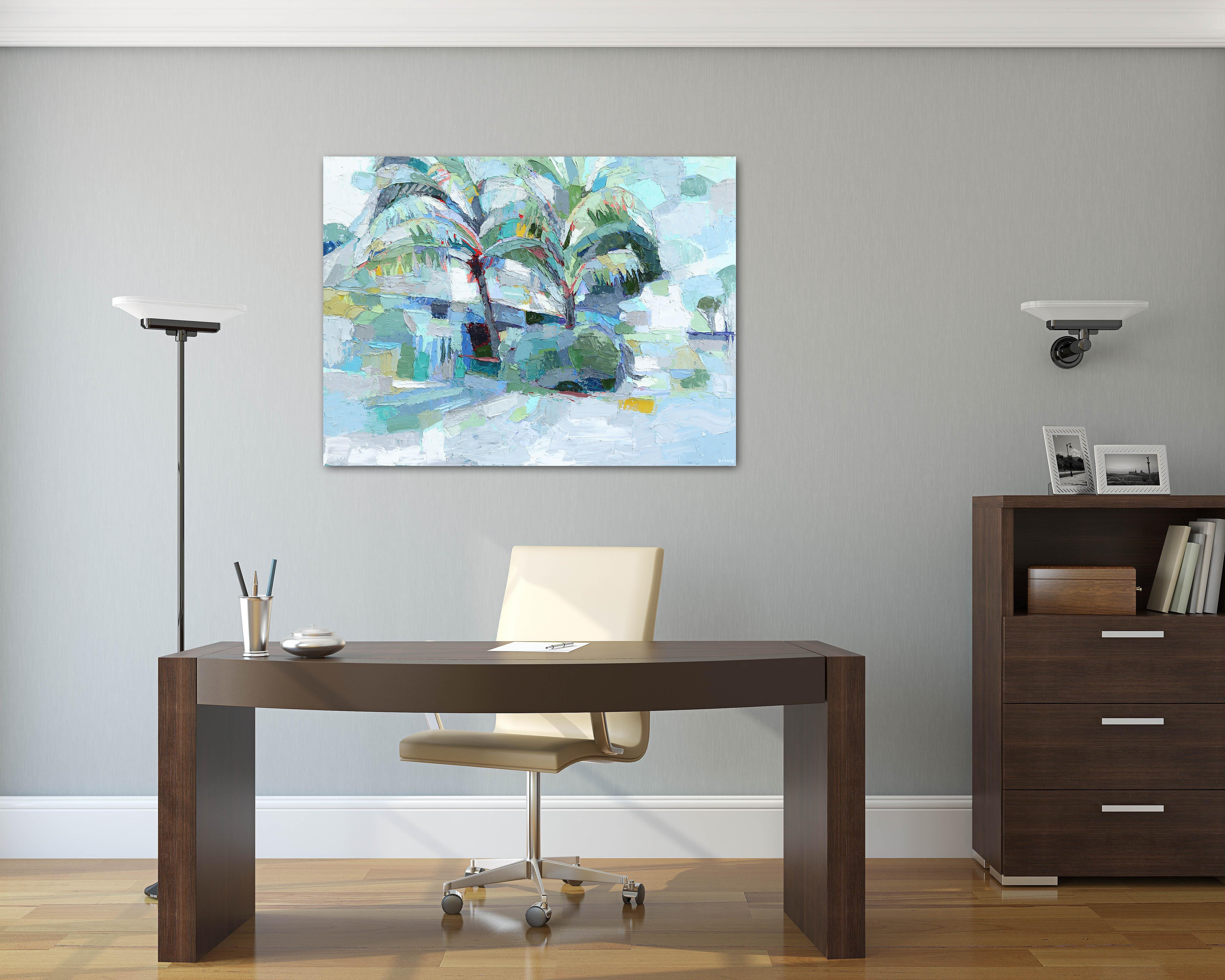 Shady Spot, Guatemala - Cool Tone Abstract Landscape Textural Impasto Malerei im Angebot 1
