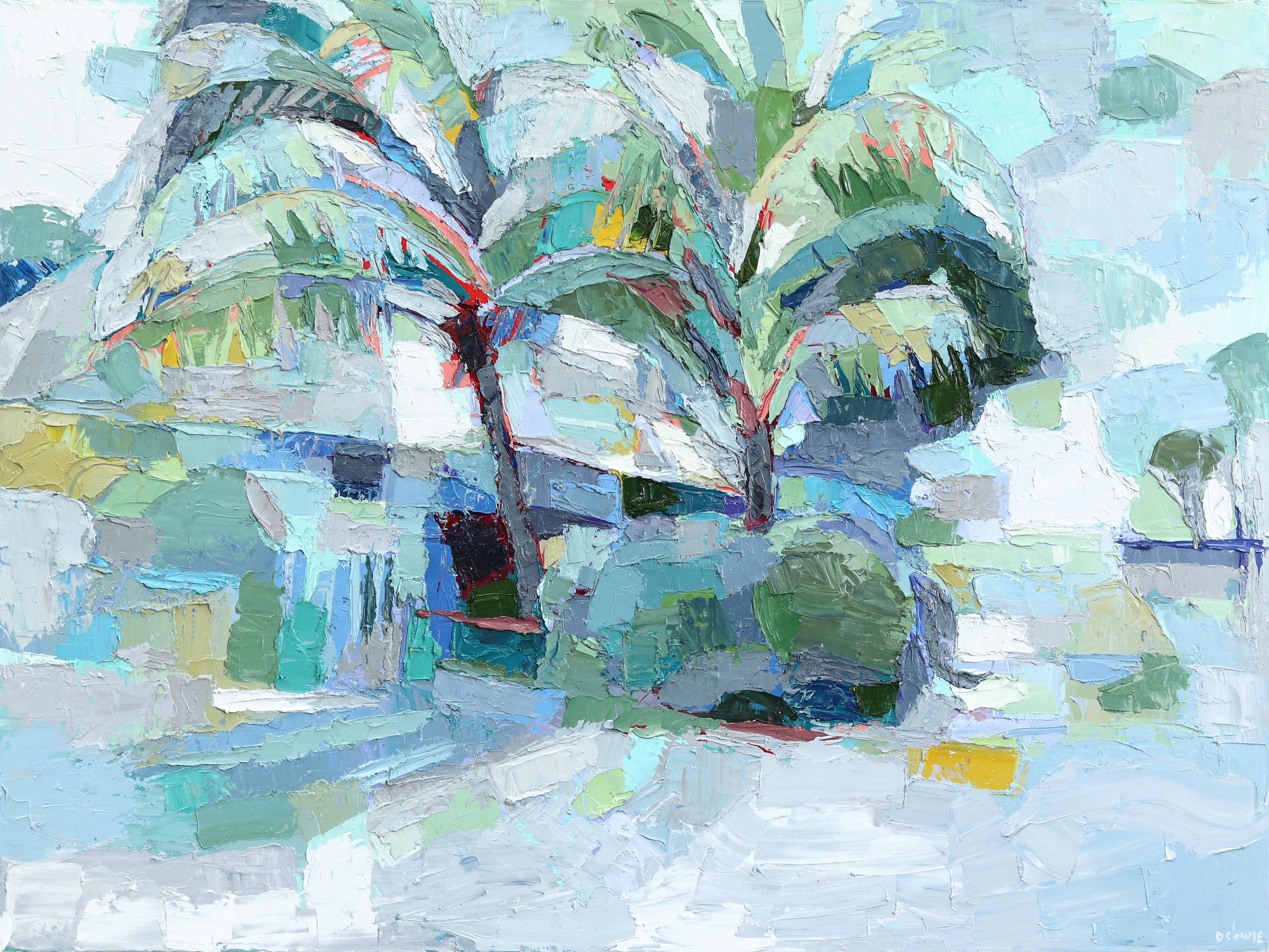 Dana Cowie Abstract Painting – Shady Spot, Guatemala - Cool Tone Abstract Landscape Textural Impasto Malerei