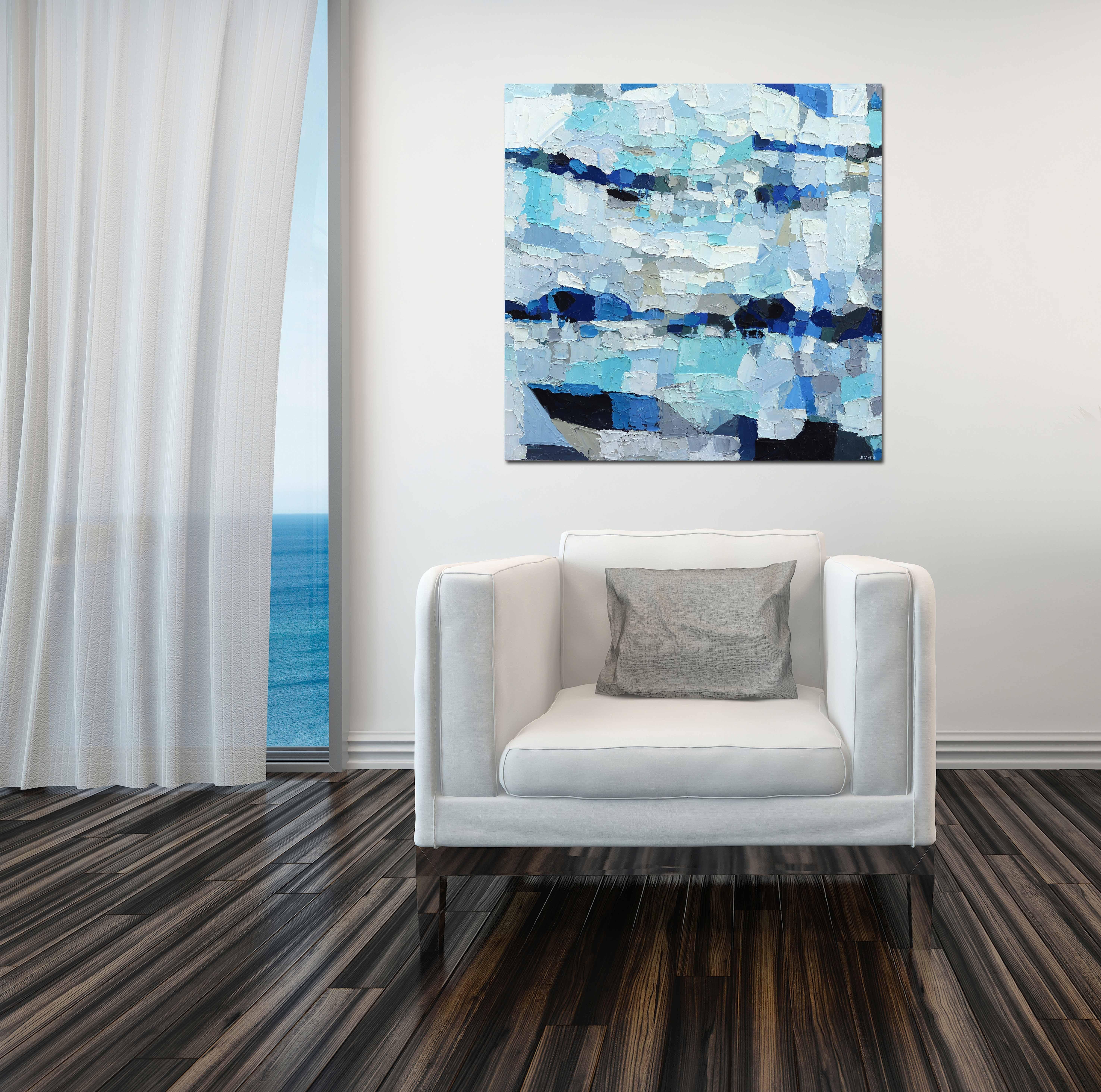 Slow Living - Pintura original al óleo Impasto Azul Turquesa Paisaje Abstracto en venta 2