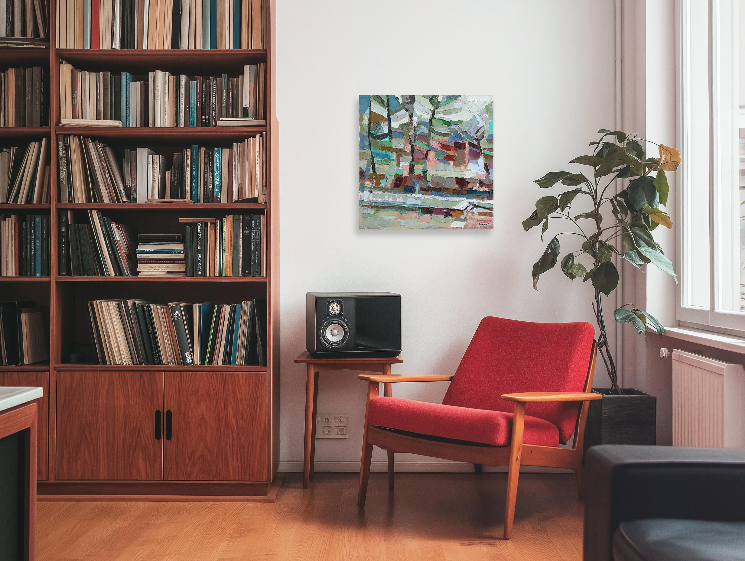 That House - Abstrakte Farbe durchtränkt Landschaft Textur Impasto Ölgemälde – Painting von Dana Cowie