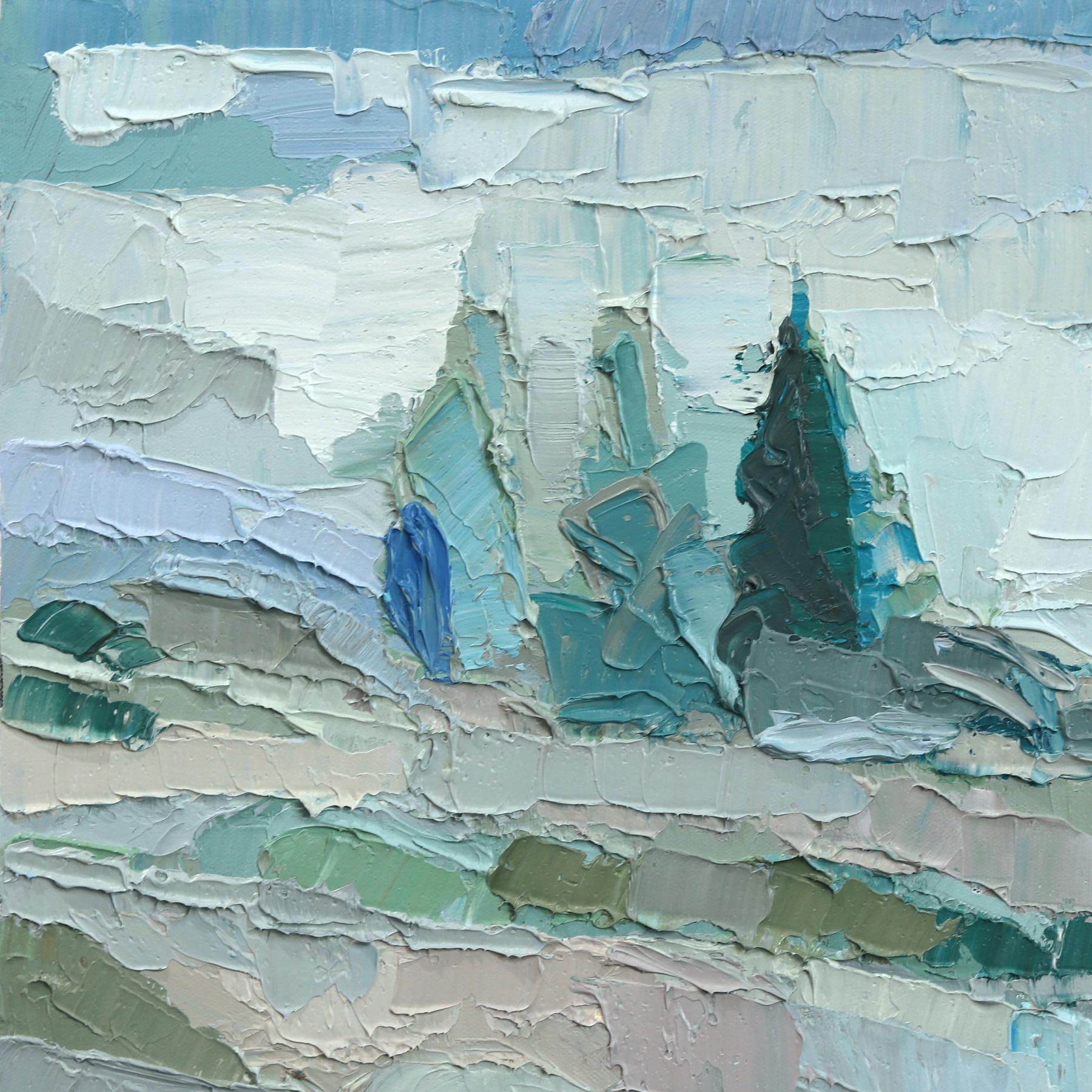 En utilisant une technique d'empâtement et de peinture, Dana Cowie crée des paysages agricoles et ruraux d'inspiration cubiste. Travaillant avec des combinaisons de couleurs contrôlées, ses œuvres semblent abstraites de près et deviennent plus