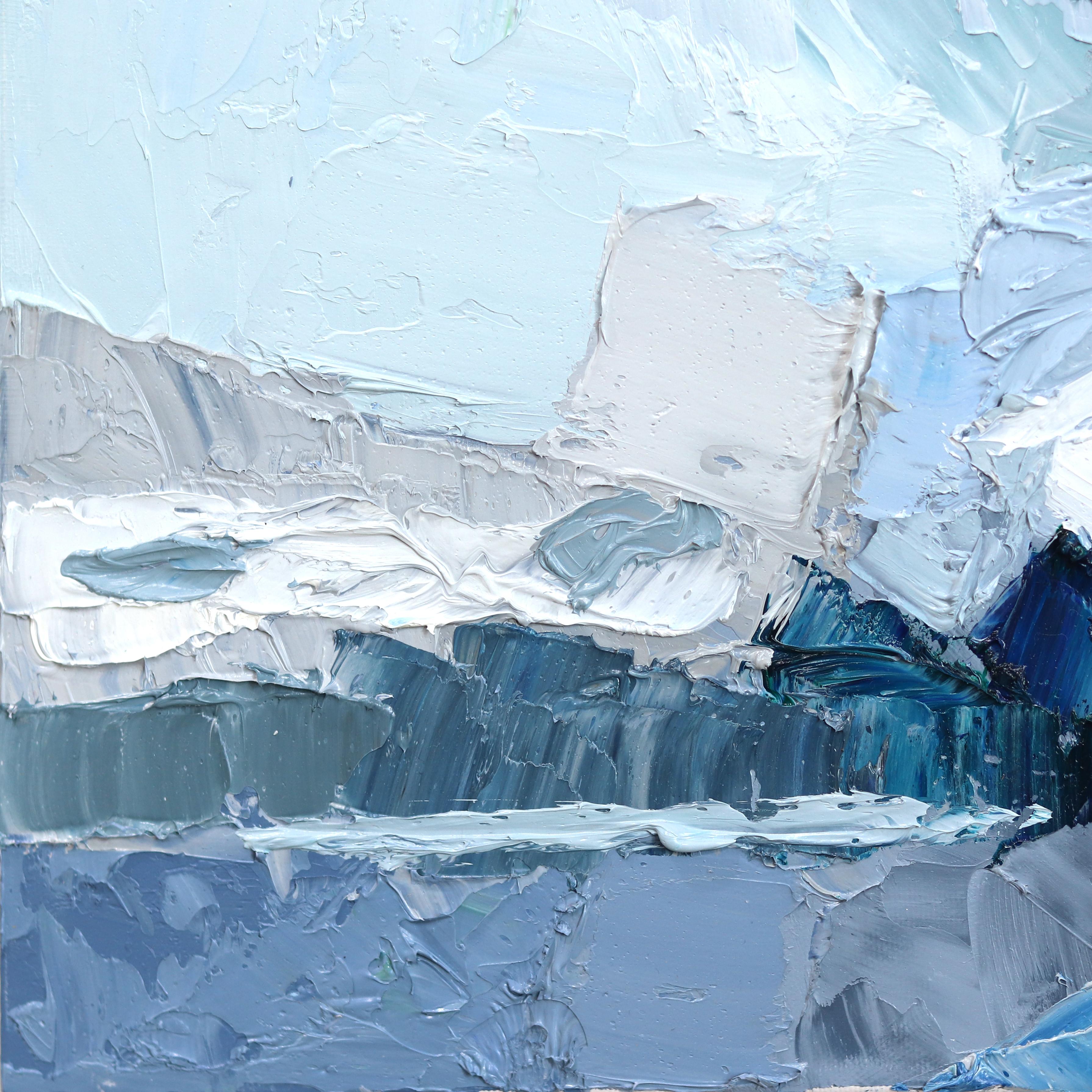 Tumultuous Sky - Original Cool Tone Abstract Landscape Textural Impasto Painting For Sale 5