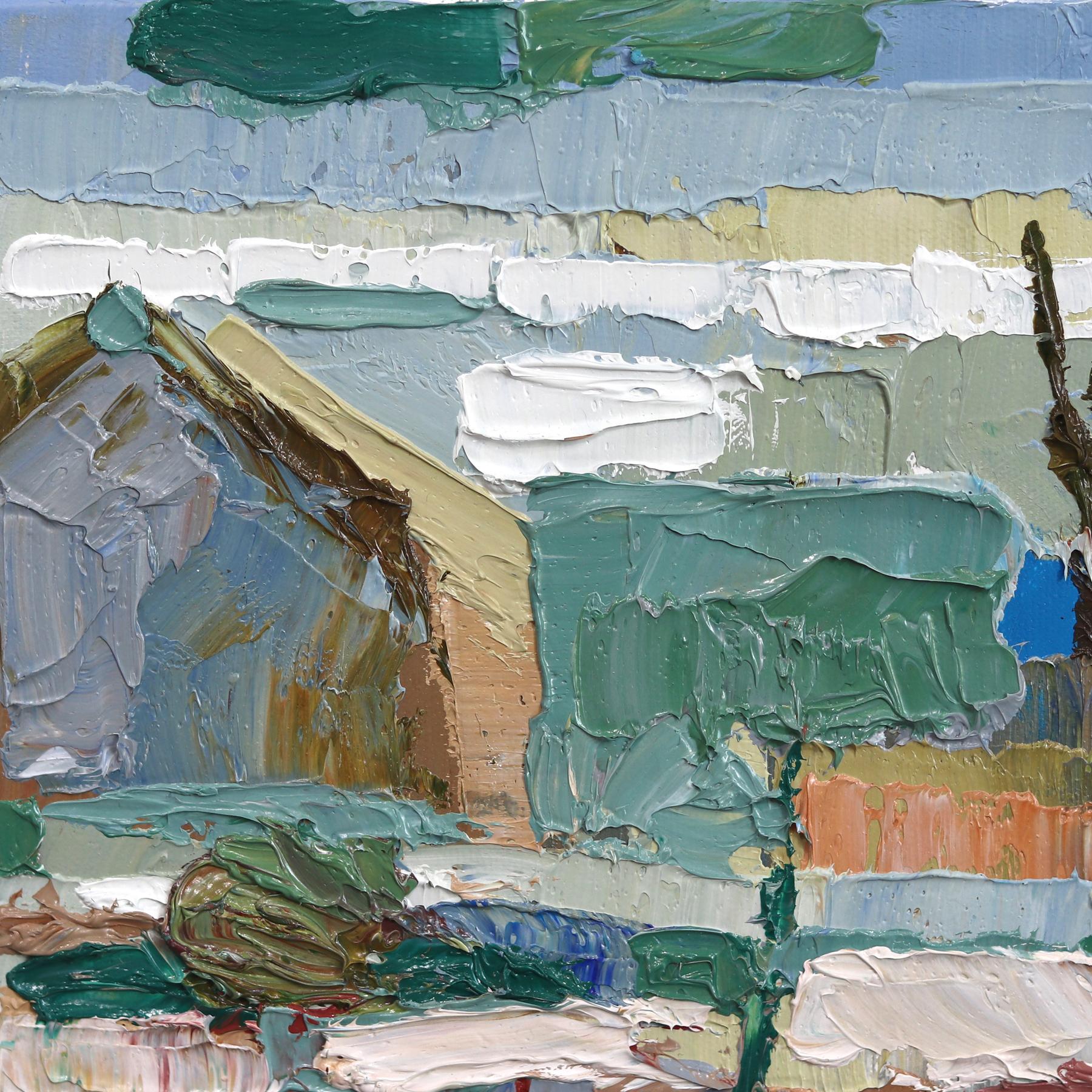 Ferme Vasey - Peinture à l'huile texturée abstraite de paysage rural dans les tons de terre - Abstrait Painting par Dana Cowie