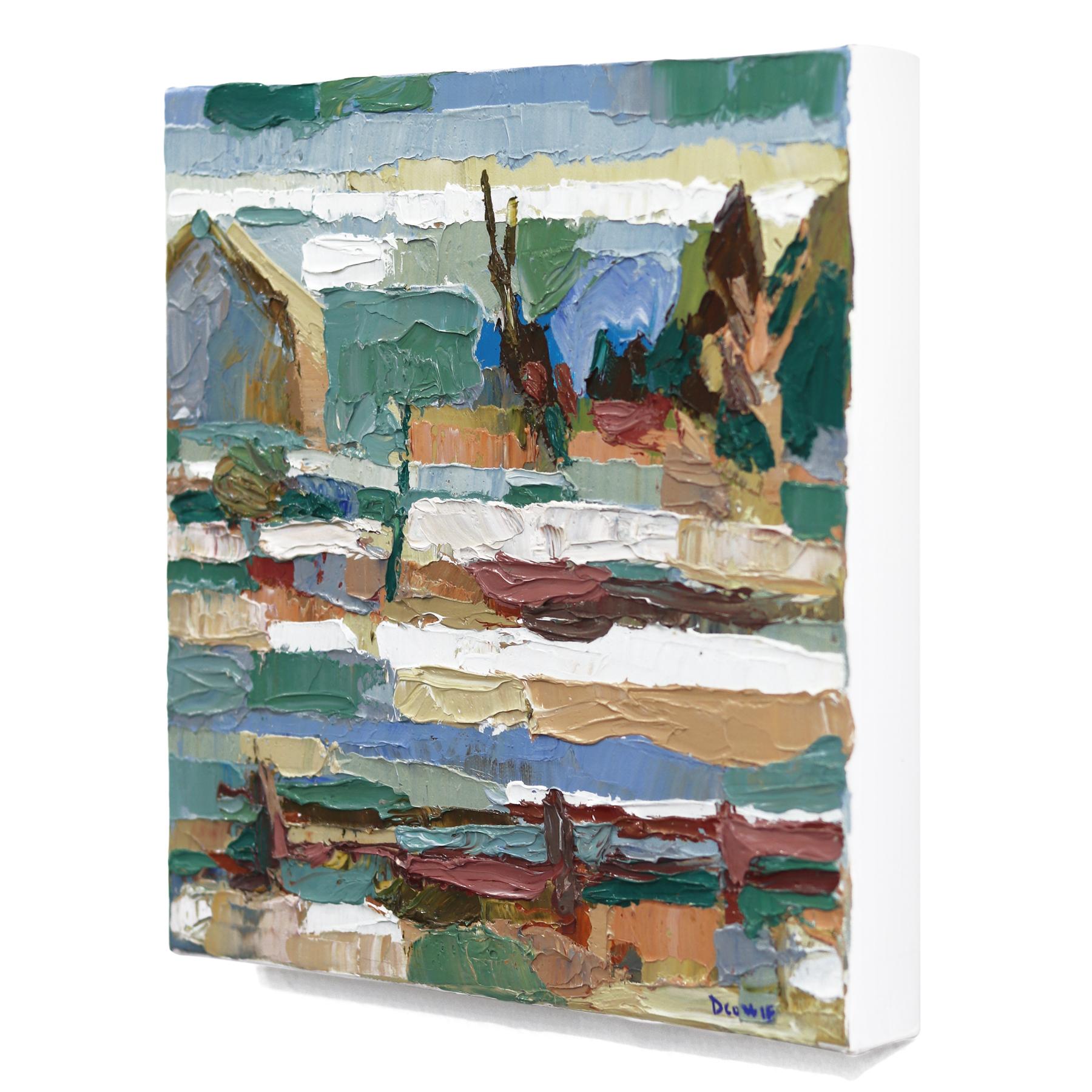 Ferme Vasey - Peinture à l'huile texturée abstraite de paysage rural dans les tons de terre - Gris Abstract Painting par Dana Cowie