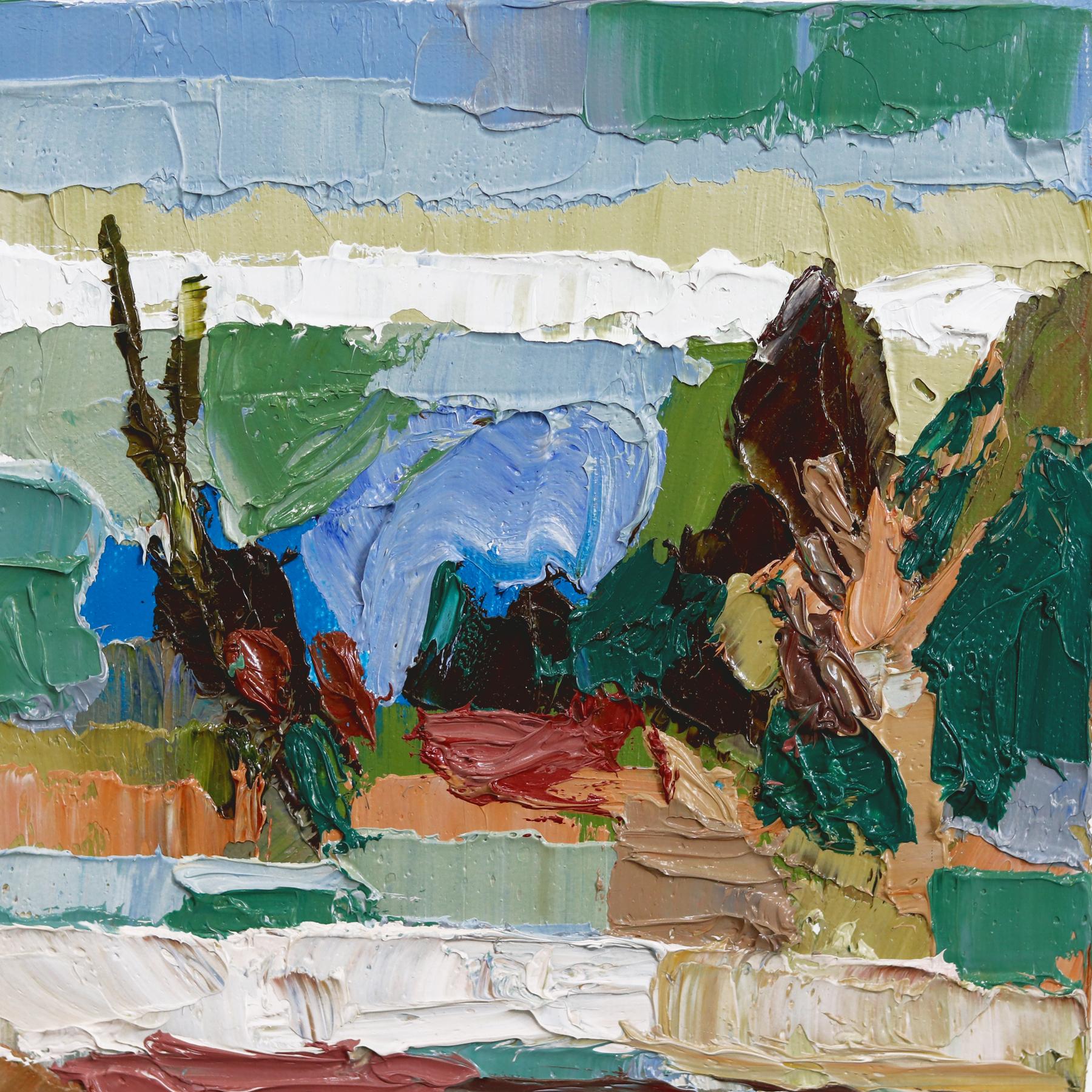 En utilisant une technique d'empâtement et de peinture, Dana Cowie crée des paysages agricoles et ruraux d'inspiration cubiste. Travaillant avec des combinaisons de couleurs contrôlées, ses œuvres semblent abstraites de près et deviennent plus